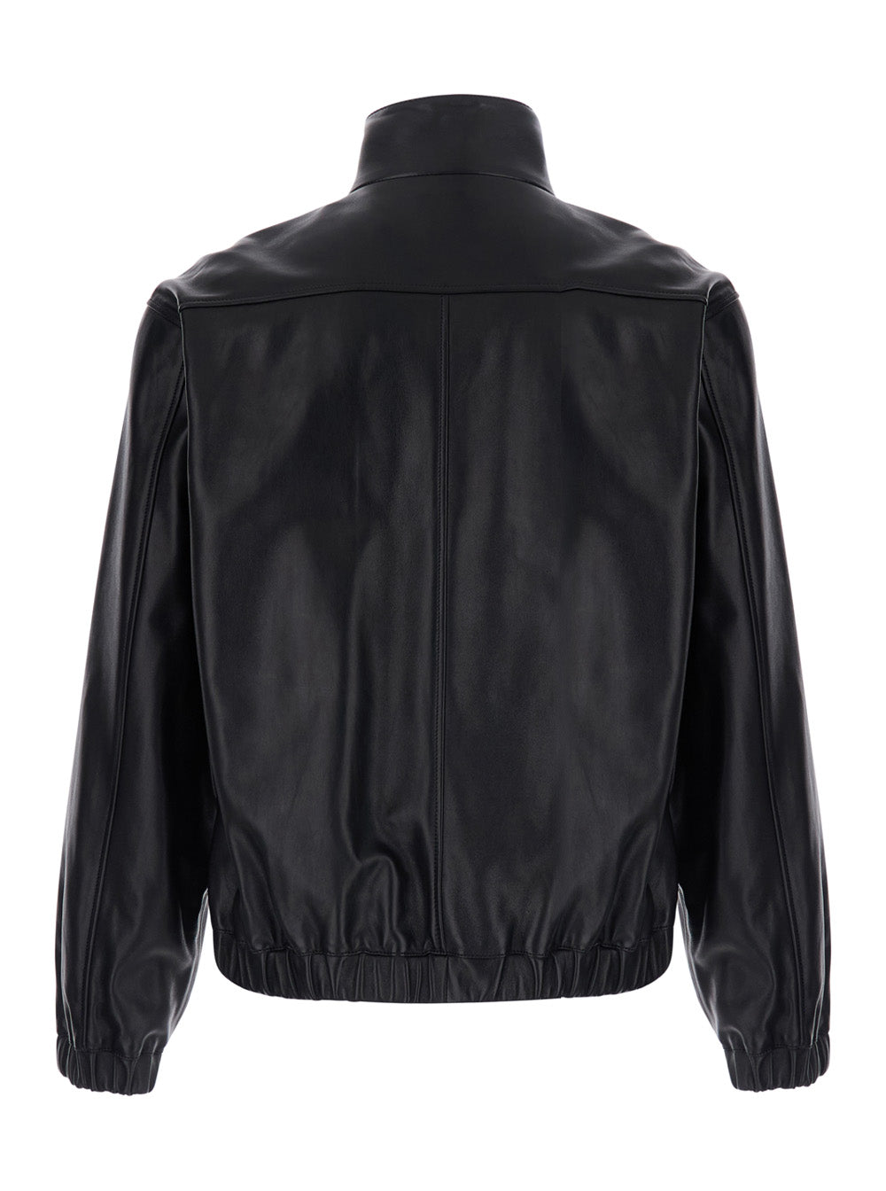 Saint Laurent Men Black High Collar Jacket With Front Zip Closure And Cassandre Plaque On Zipper Pull In Leather For Men SAINT LAURENT