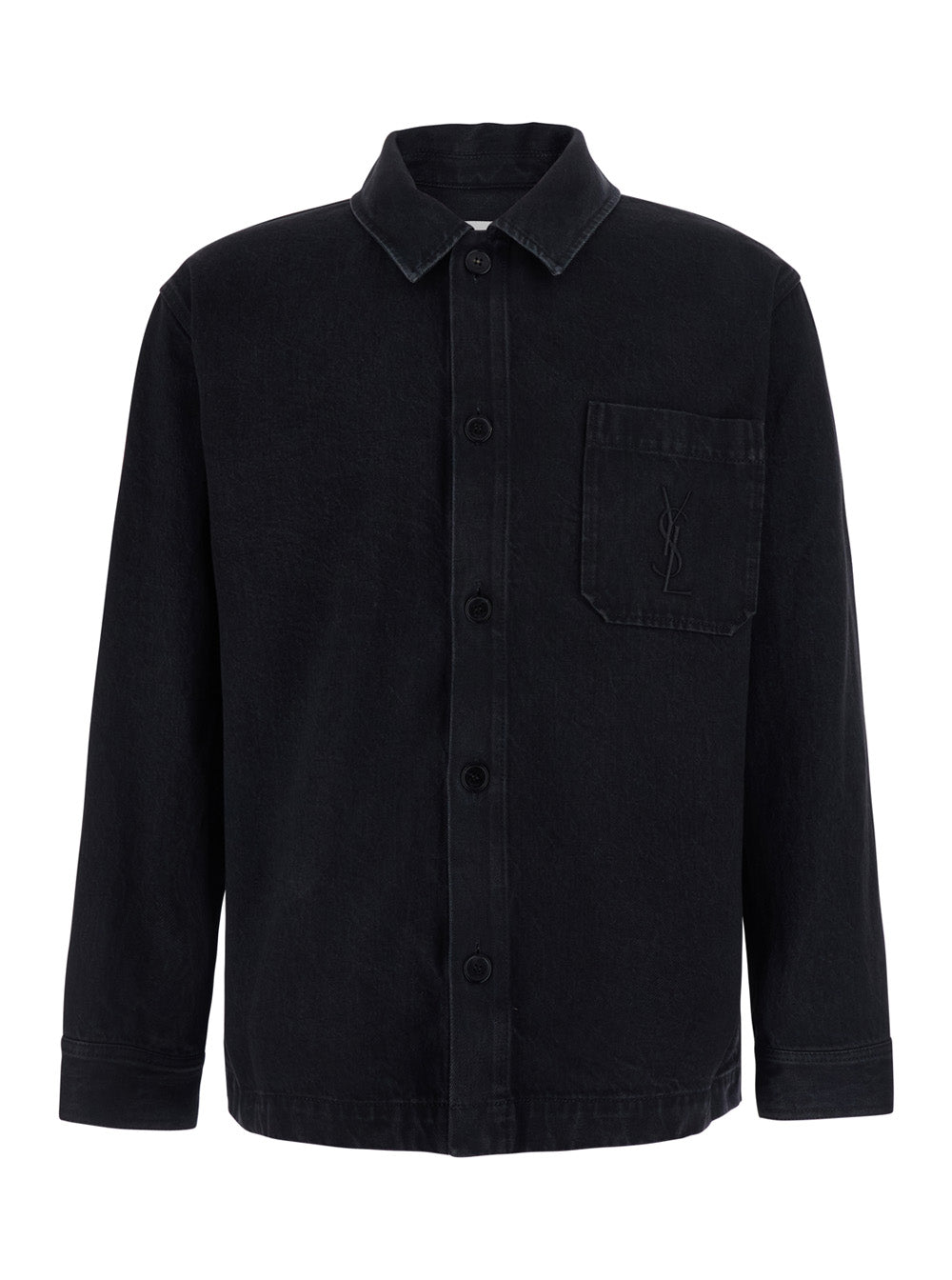 Saint Laurent Men Black Shirt With Classic Collar And Cassandre Embroidery On The Front In Cotton For Men SAINT LAURENT