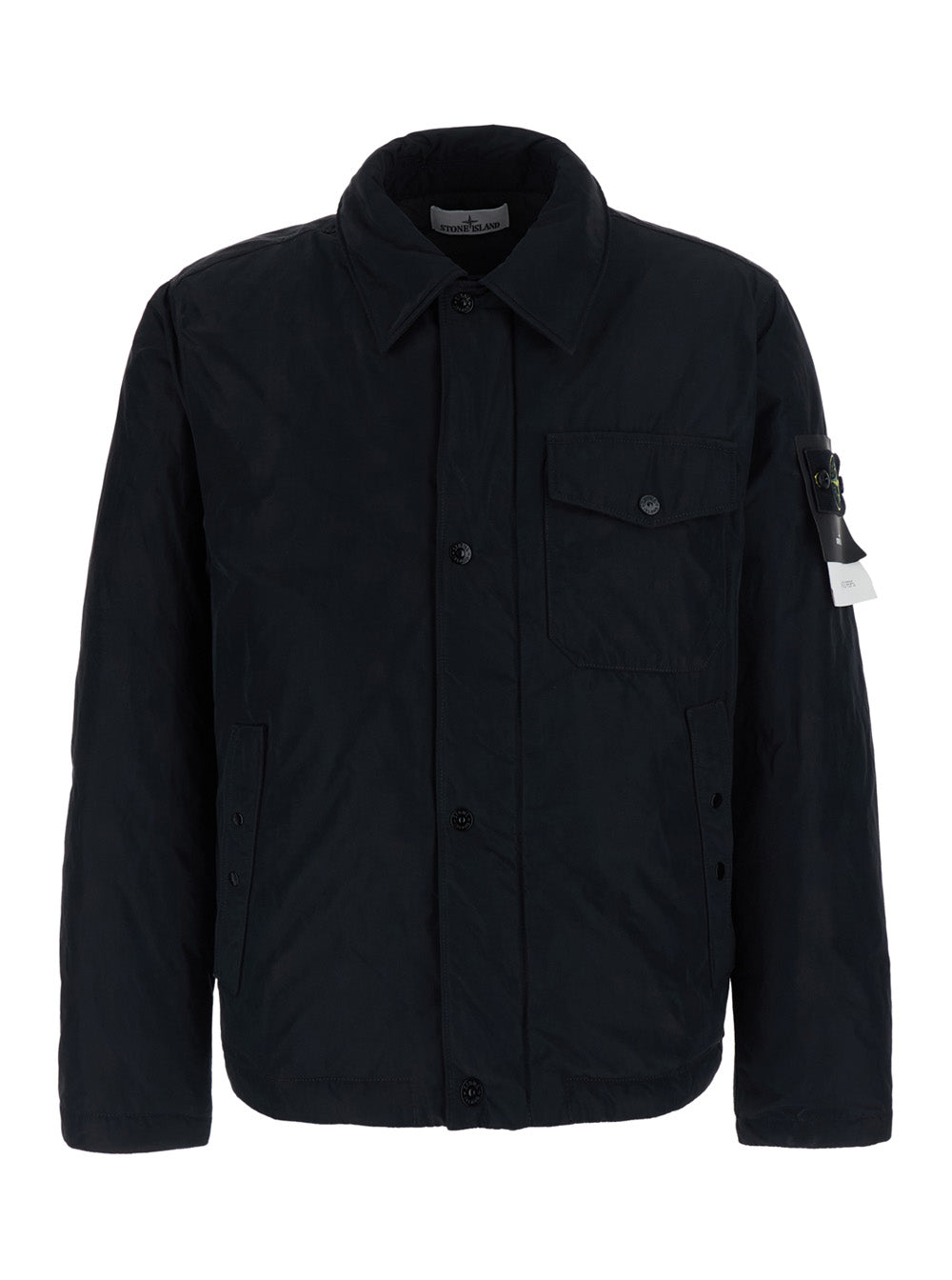 Stone Island Men Black Jacket With Classic Collar And Logo Patch On The Sleeve In Tech Fabric For Men STONE ISLAND