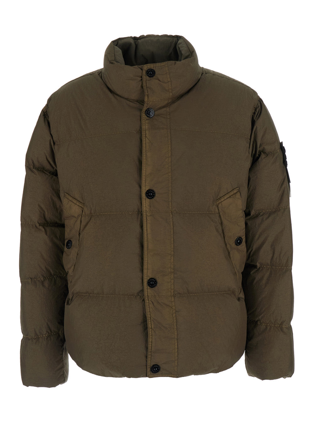 Stone Island Men Green High Collar Jacket With Logo Patch On Sleeve In Tech Fabric For Men STONE ISLAND