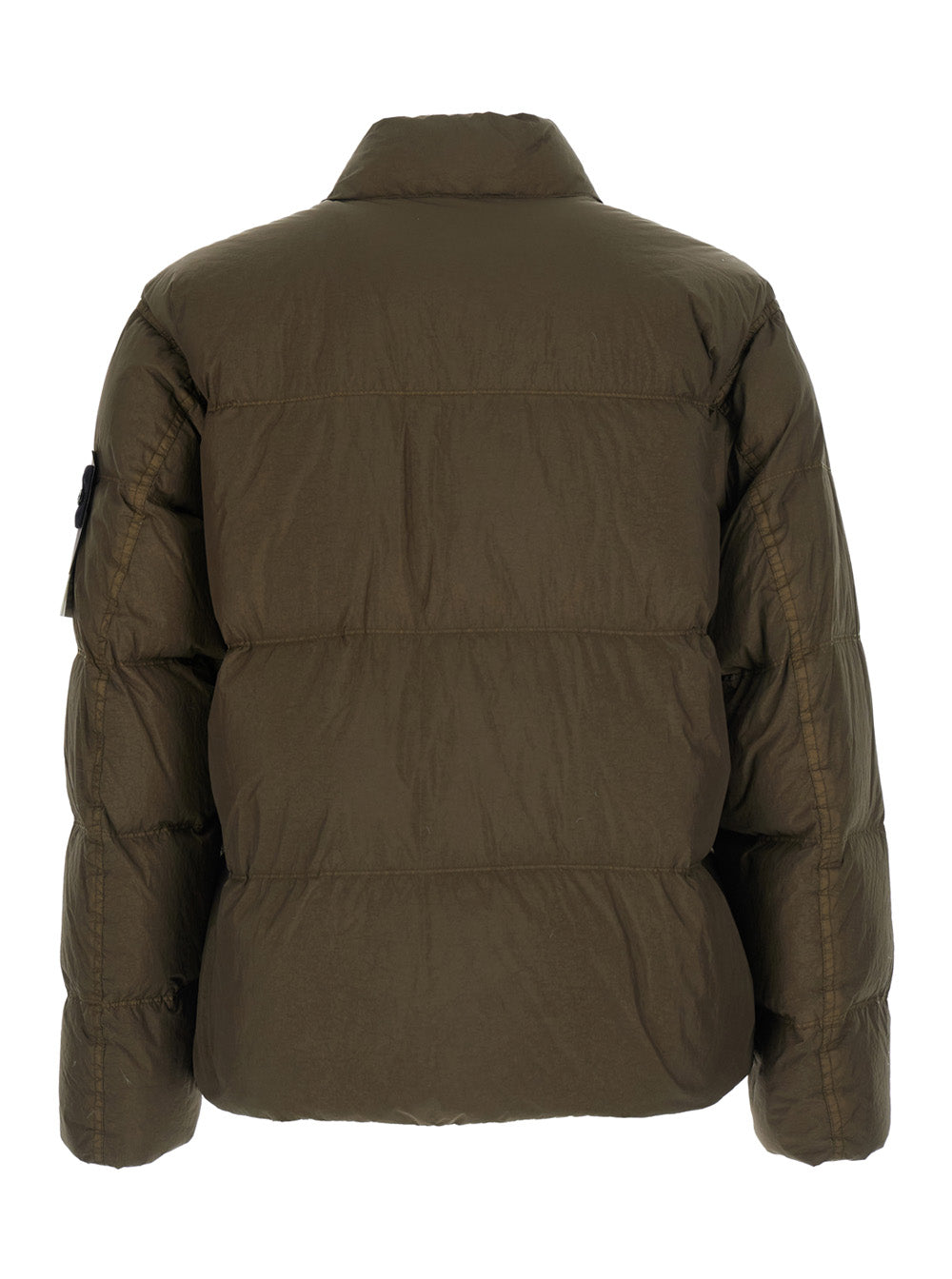 Stone Island Men Green High Collar Jacket With Logo Patch On Sleeve In Tech Fabric For Men STONE ISLAND
