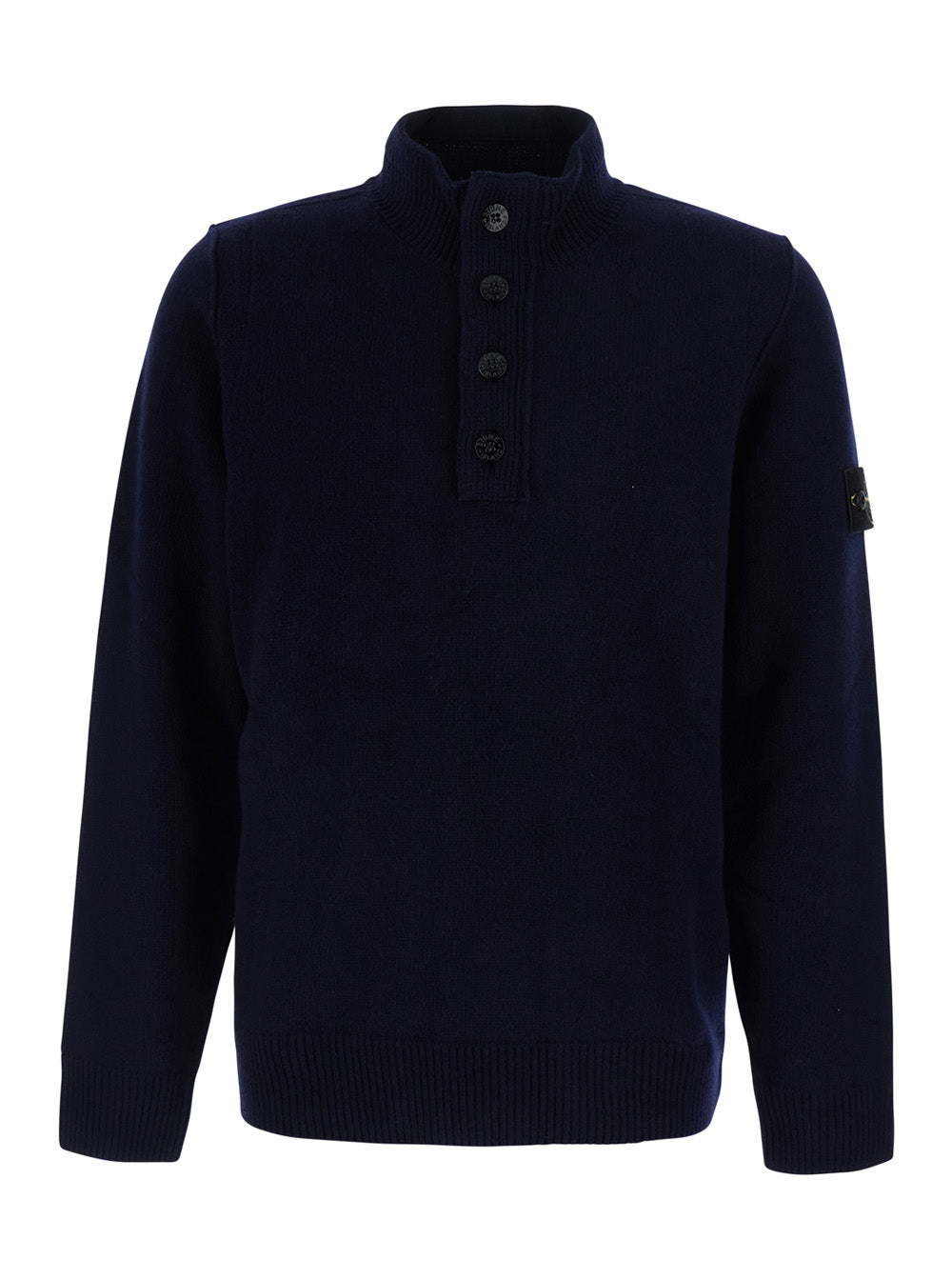 Stone Island Men Blue High-Neck Sweater With Front Buttons And Logo Patch On The Sleeve In Wool For Men STONE ISLAND