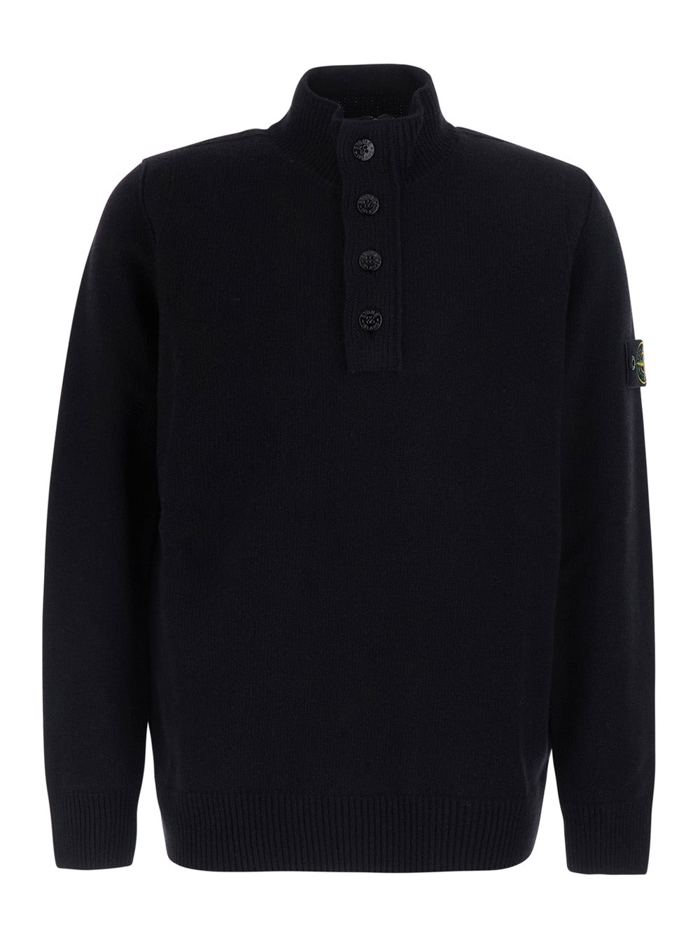 Stone Island Men Black High-Neck Sweater With Front Buttons And Logo Patch On The Sleeve In Wool For Men STONE ISLAND