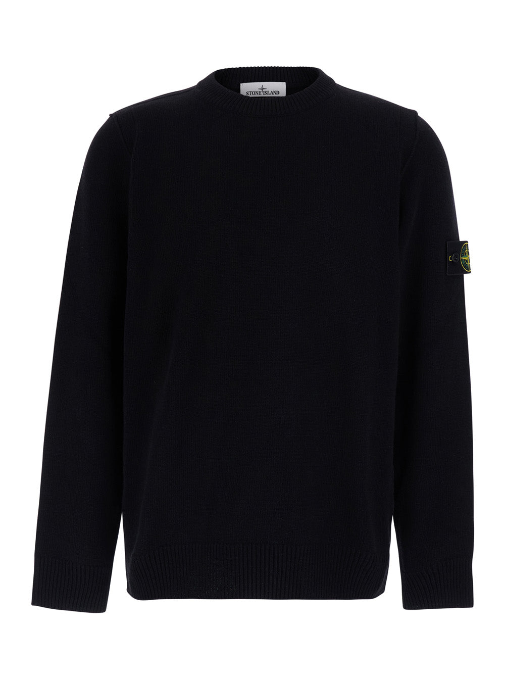 Stone Island Men Black Crewneck Sweater With Logo Patch On The Sleeve In Wool For Men STONE ISLAND