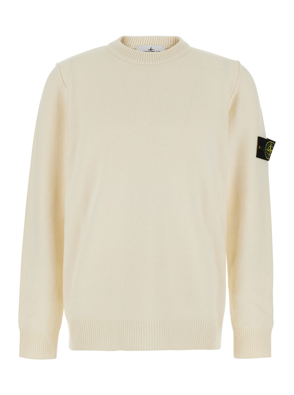 Stone Island Men White Crewneck Sweater With Logo Patch On The Sleeve In Wool For Men STONE ISLAND