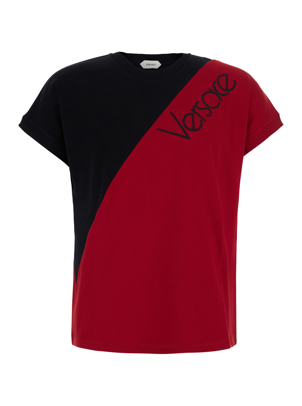 Versace Men Black And Red Color-Block T-Shirt With Logo Lettering On The Front In Stretch Cotton For Men VERSACE