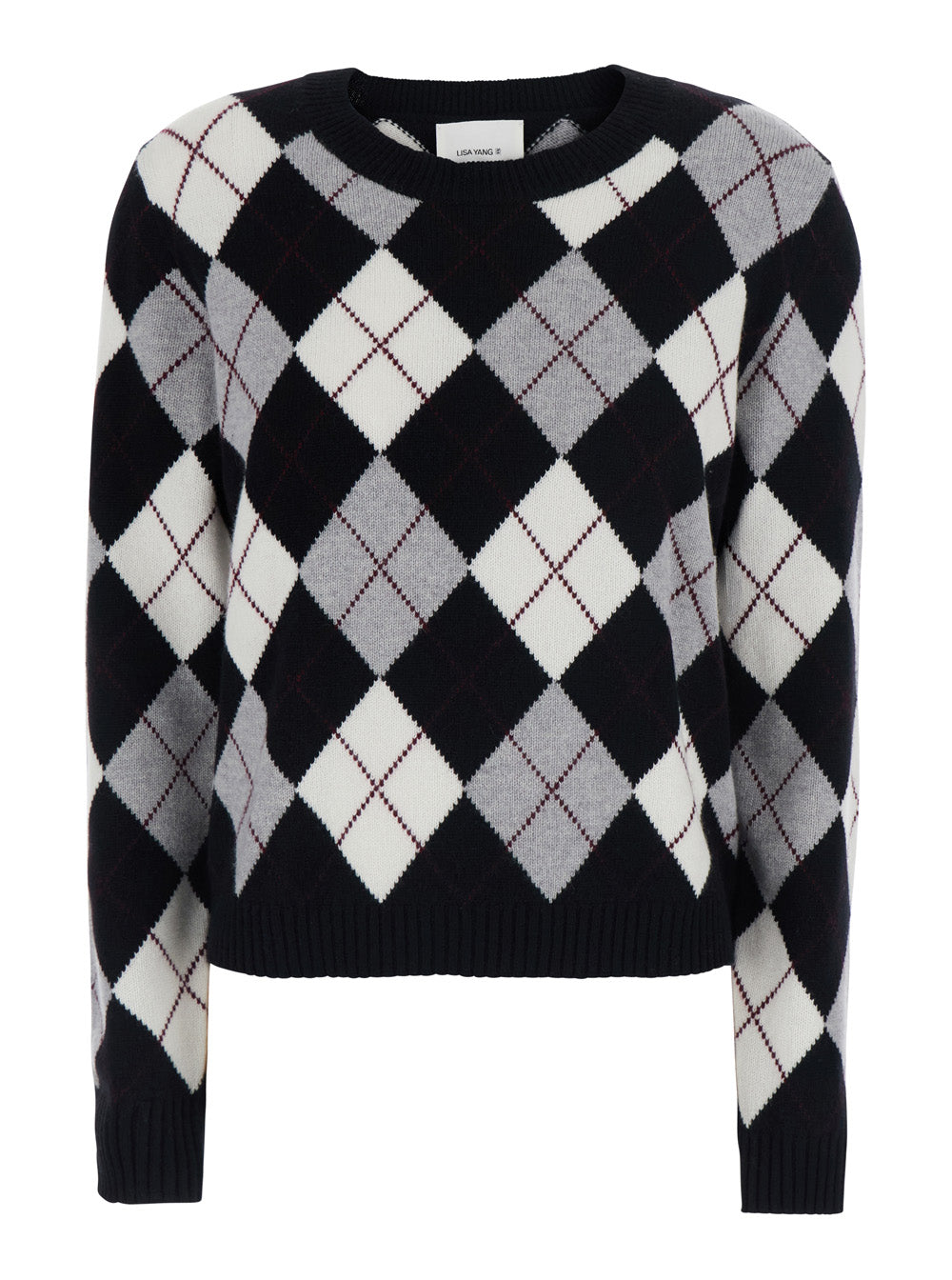 Lisa Yang Women Antoni Argyle Sweater With V-Neck And Long Sleeves In Black And White Cashmere Women LISA YANG