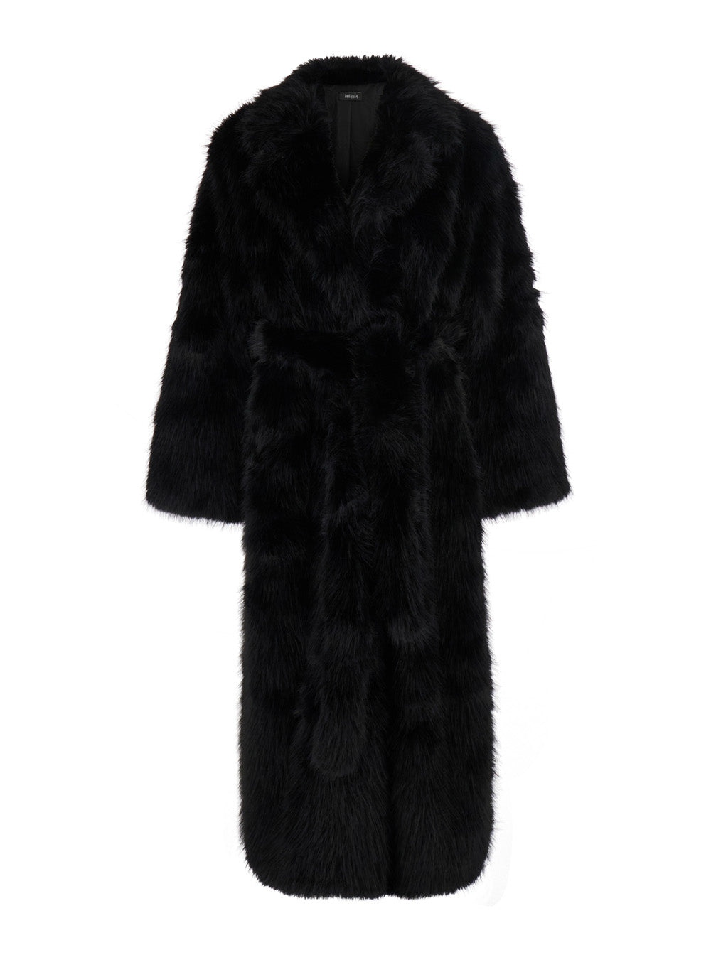 Leplain Women Black Long Coat With Notched Revers And Adjustable Waist Belt In Eco-Fur For Women LEPLAIN