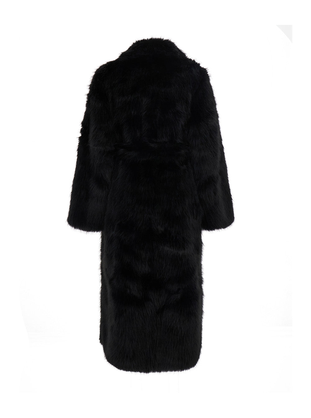 Leplain Women Black Long Coat With Notched Revers And Adjustable Waist Belt In Eco-Fur For Women LEPLAIN
