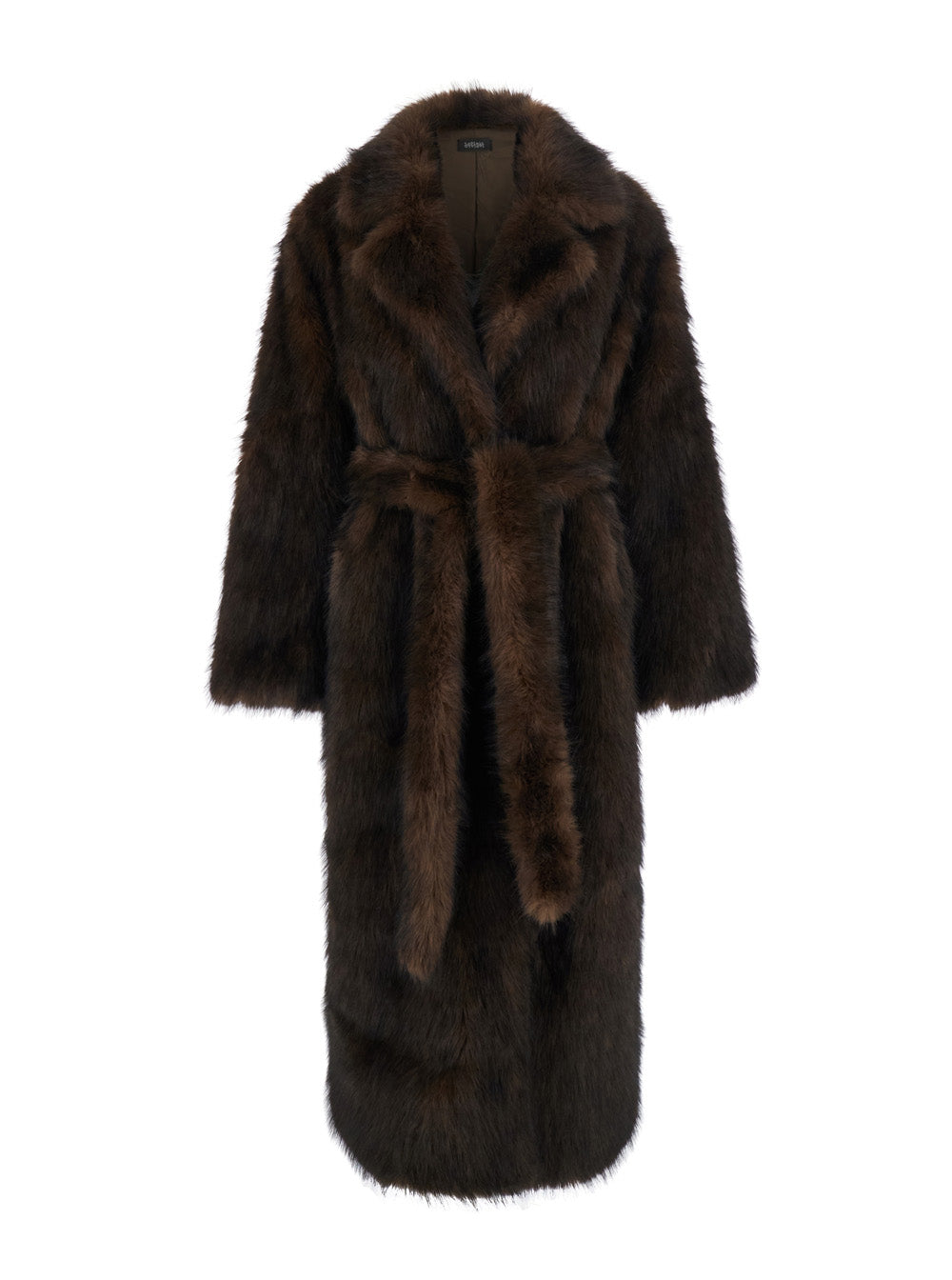 Leplain Women Brown Long Coat With Notched Revers And Adjustable Waist Belt In Eco-Fur For Women LEPLAIN