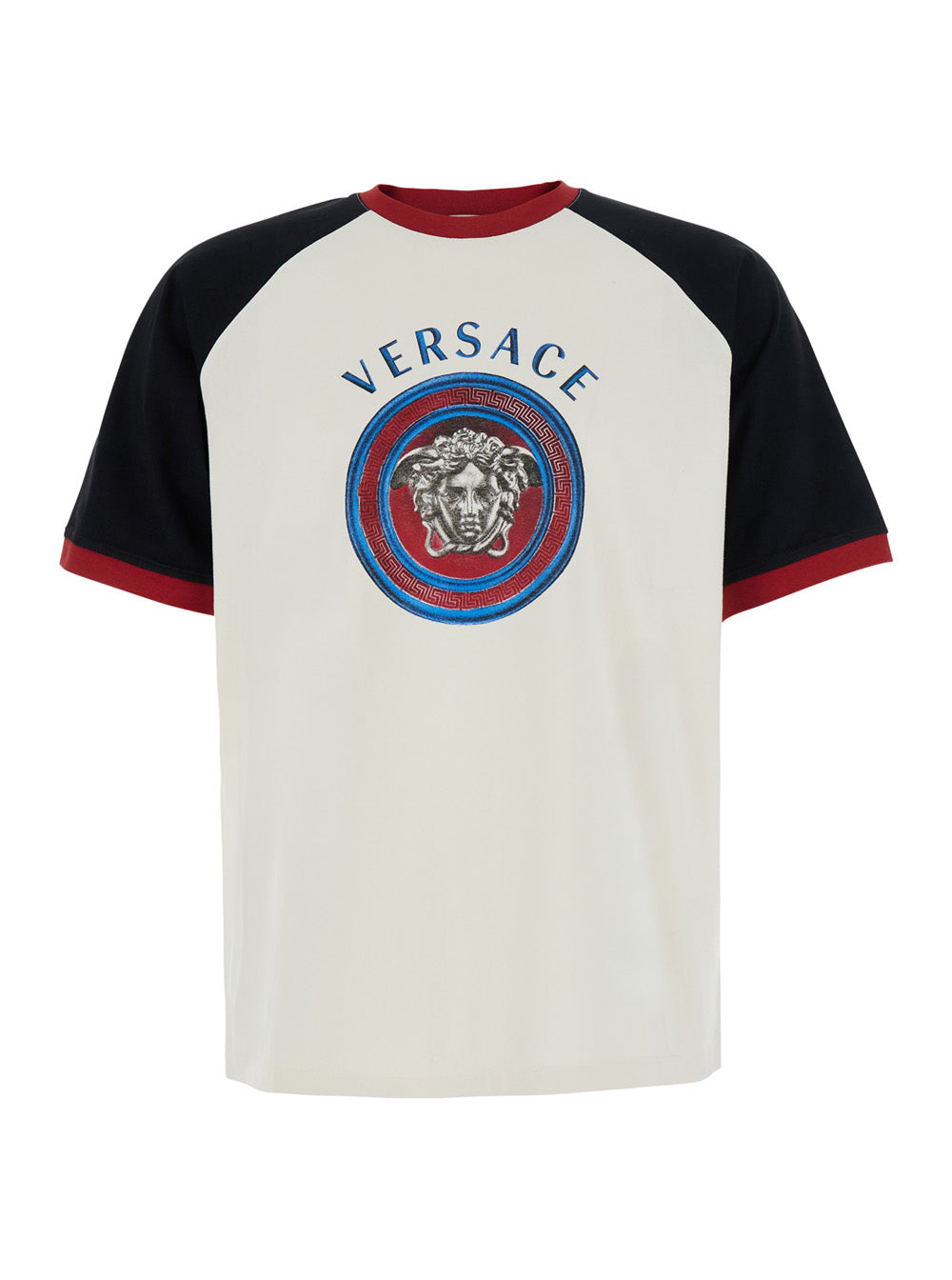 Versace Men Multicolor Crew Neck T-Shirt With Logo Lettering And Medusa Embroidery On The Front In Cotton For Men VERSACE