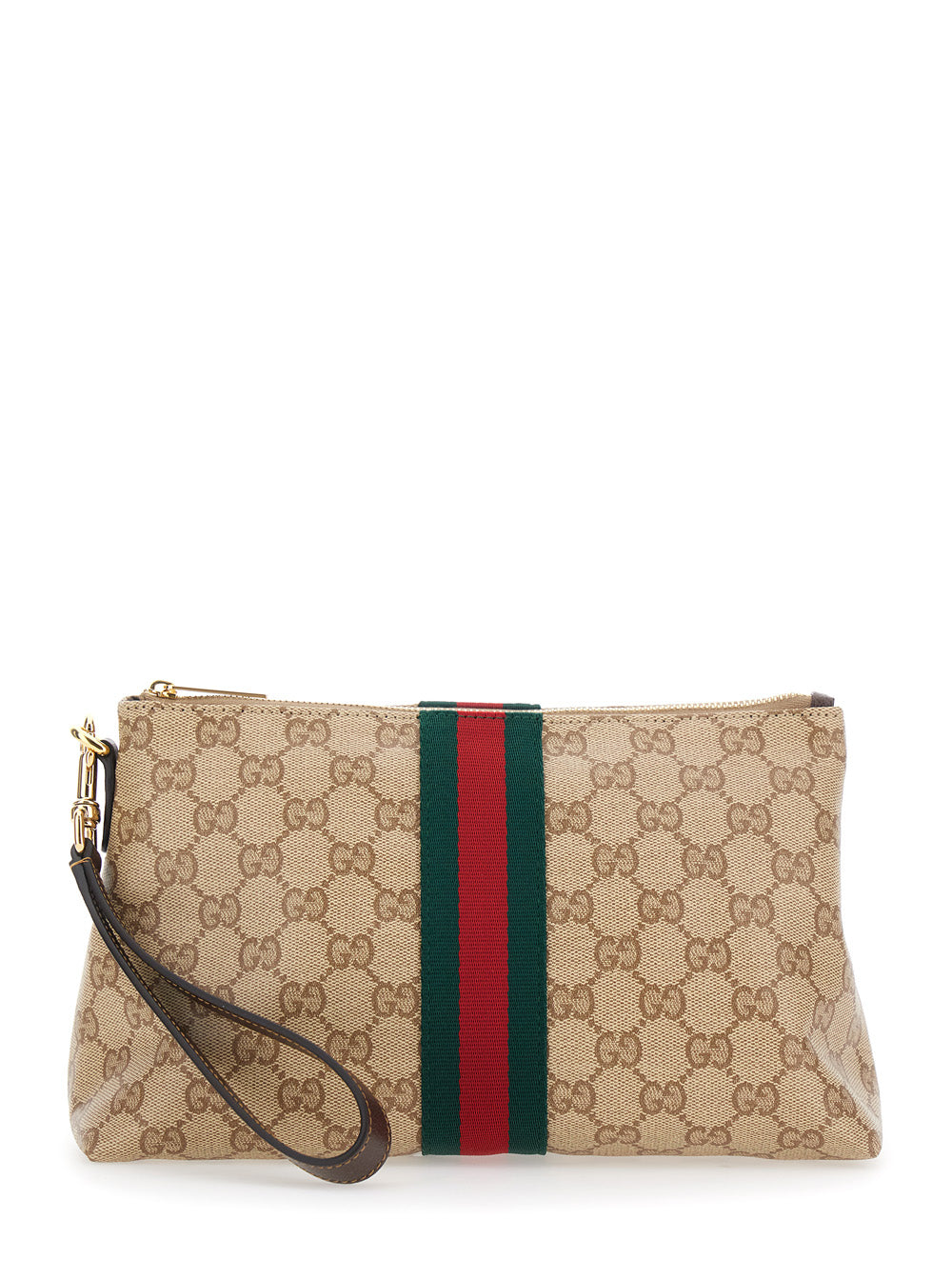 Gucci Men Beige Clutch With Removable Wrist Strap And Web Detail In Gg Canvas For Men GUCCI