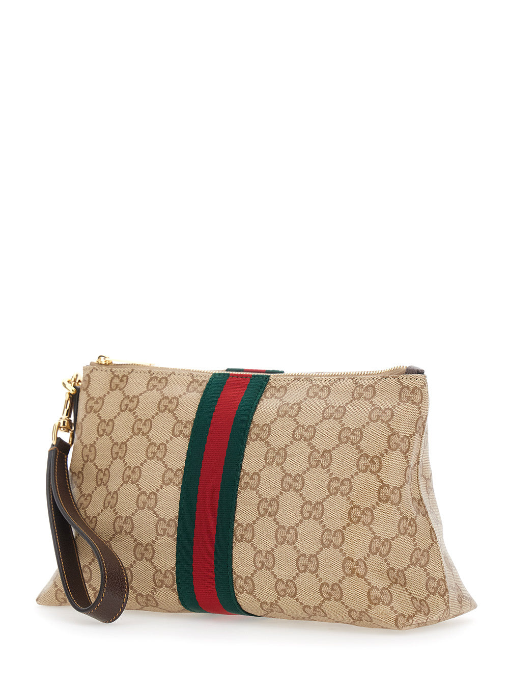 Gucci Men Beige Clutch With Removable Wrist Strap And Web Detail In Gg Canvas For Men GUCCI