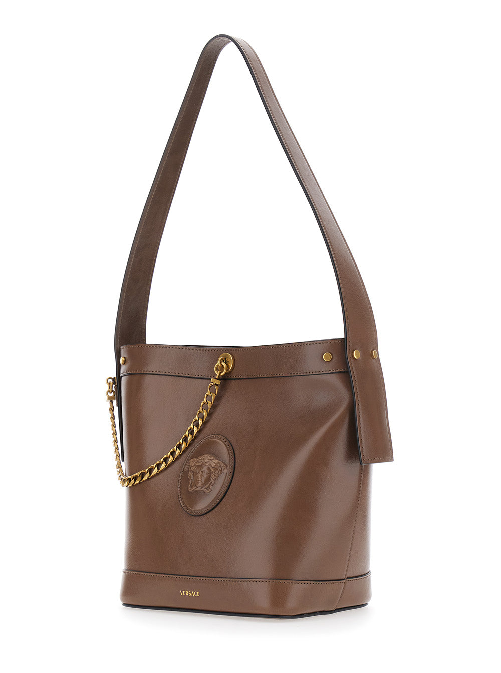 Versace Women Small Bucket Bag With Iconic Details In Black Leather For Women VERSACE