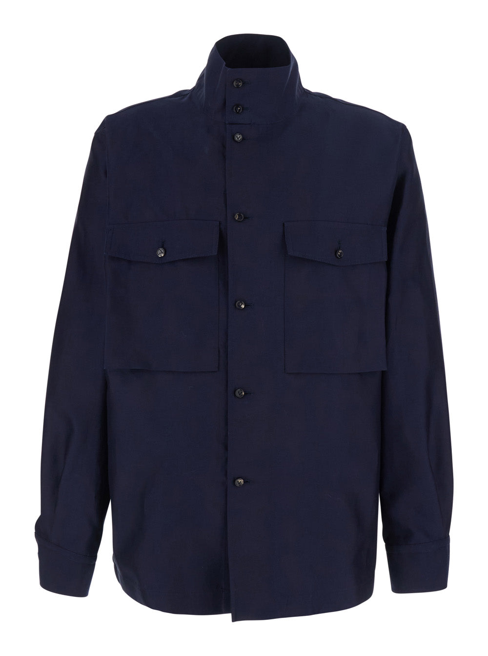 Bottega Veneta Men Blue Jacket With High Collar And Front Pockets In Cotton And Silk For Men BOTTEGA VENETA