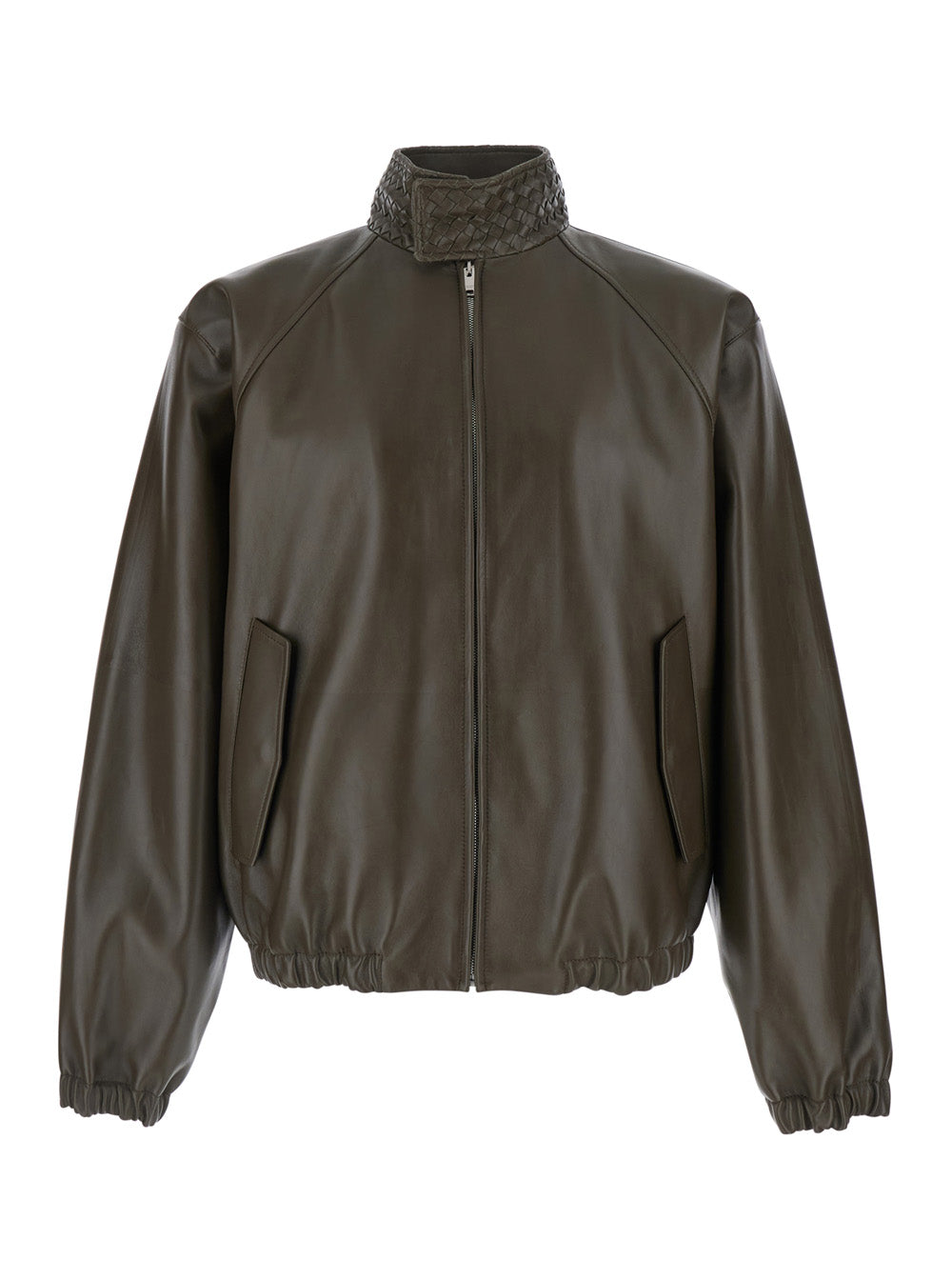 Bottega Veneta Men Green Jacket With High Collar With Intreccio Motif In Leather For Men BOTTEGA VENETA
