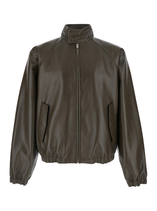 Bottega Veneta Men Green Jacket With High Collar With Intreccio Motif In Leather For Men BOTTEGA VENETA