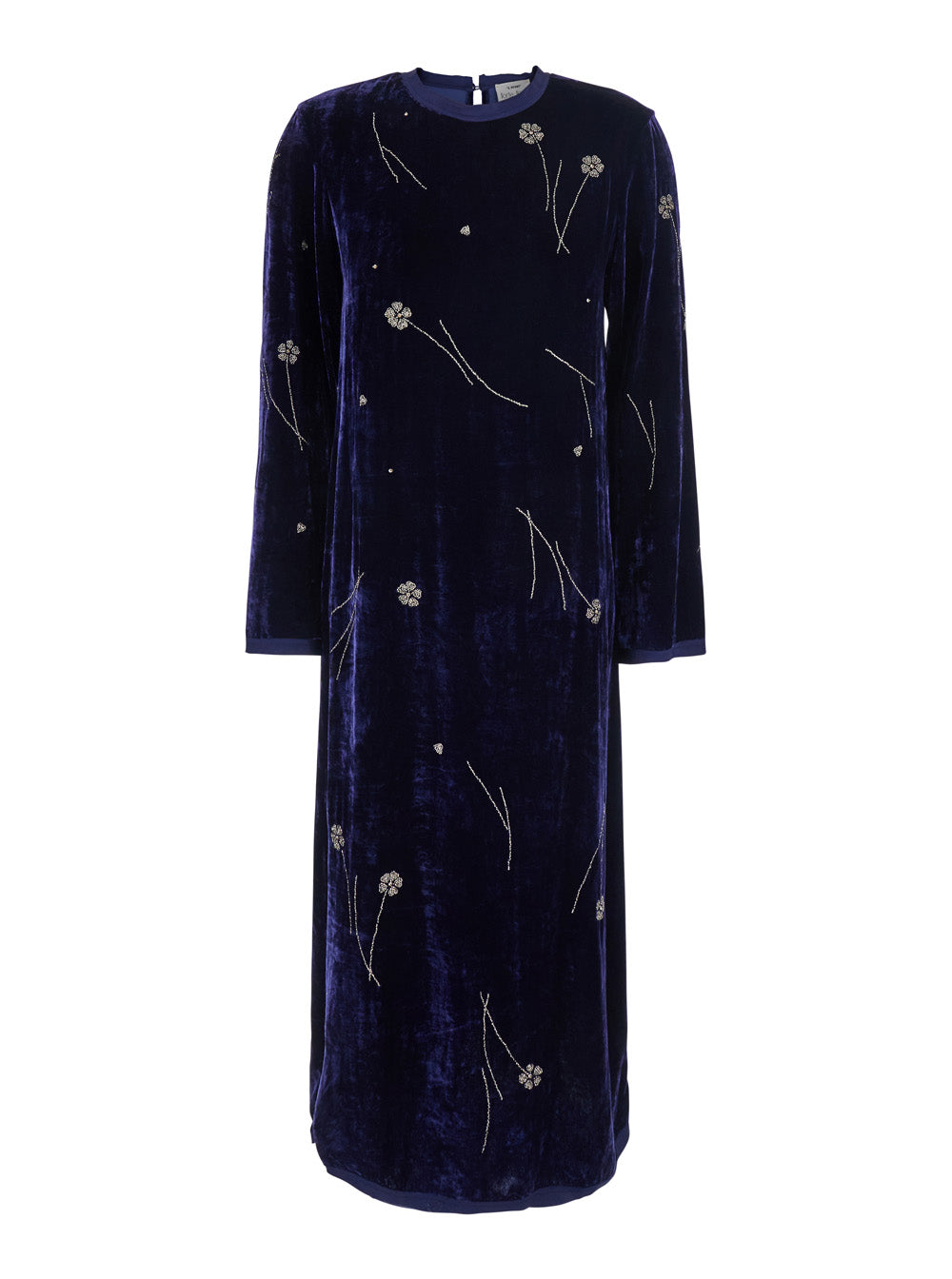 Forte_Forte Women 'Fleurs D'orient' Blue Crew Neck Long Dress With All-Over Floral Embroidery In Velvet For Women FORTE FORTE