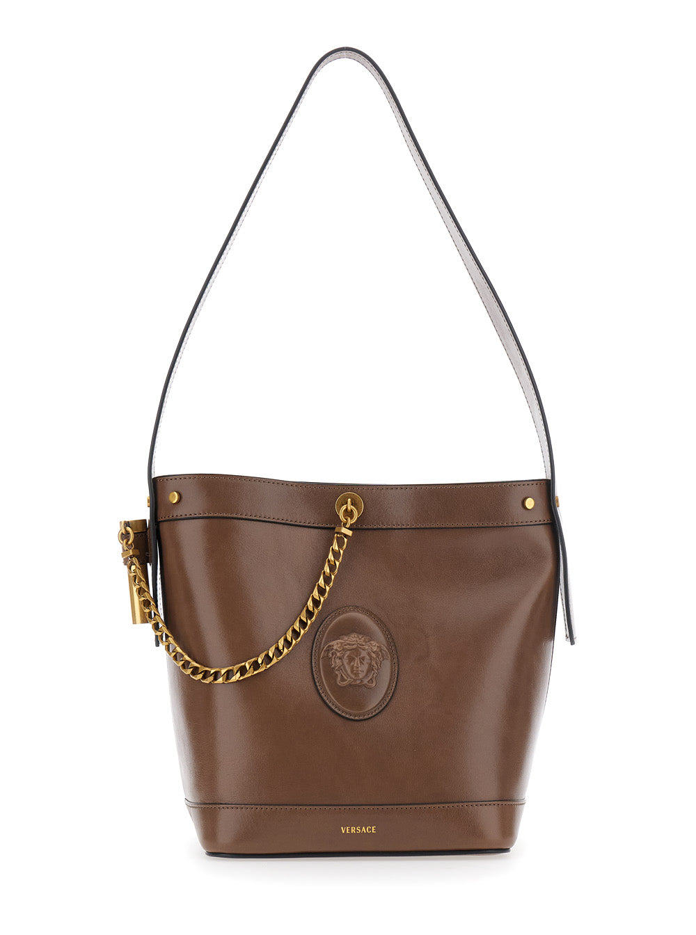 Versace Women Small Bucket Bag With Iconic Details In Black Leather For Women VERSACE