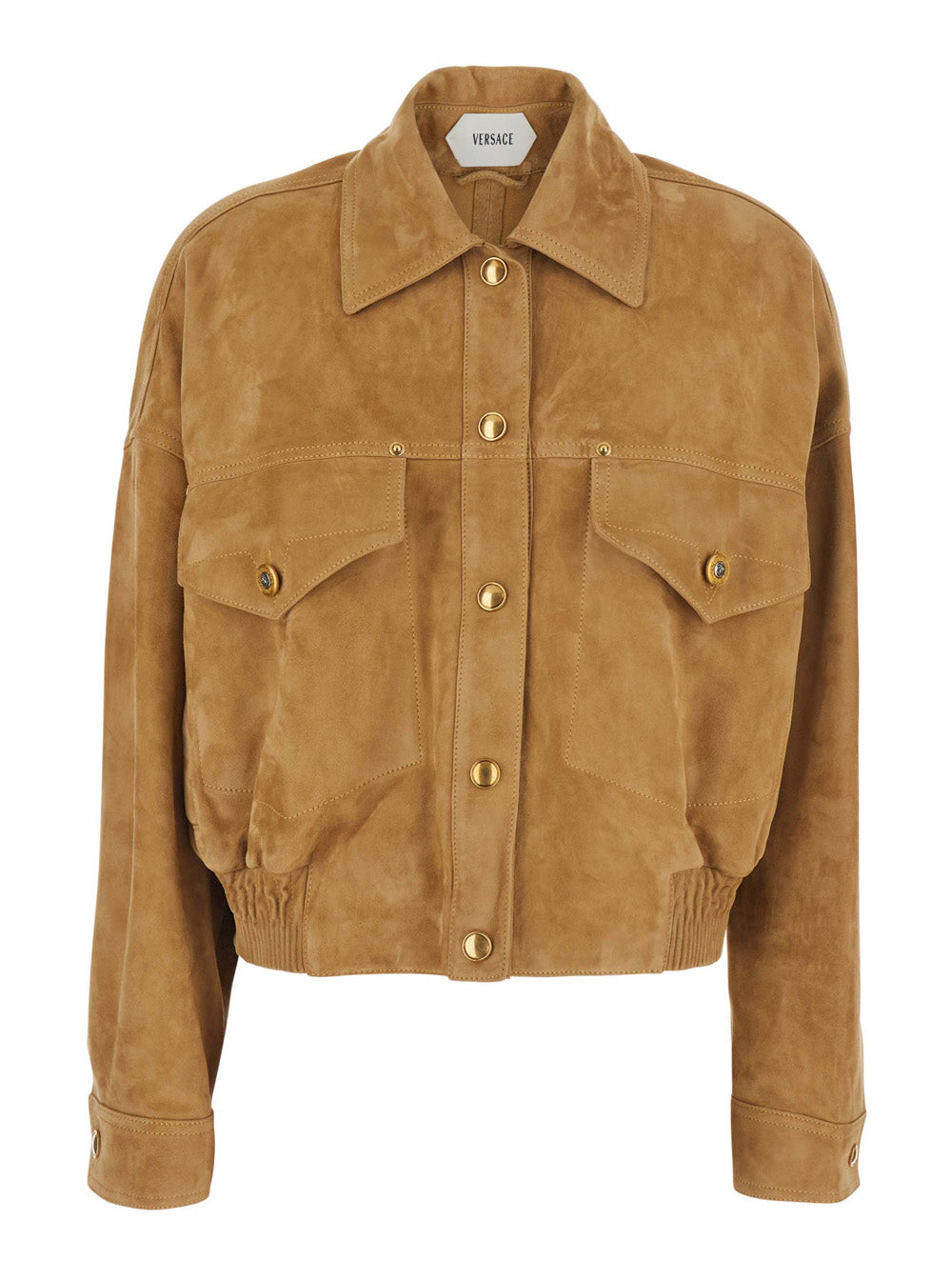 Versace Women Beige Jacket With Pointed Collar And Logo Jewel Buttons In Suede For Men VERSACE