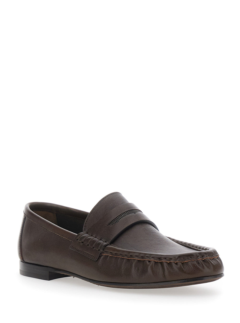 Brunello Cucinelli Women Brown Loafers With Monile Detail And Gathered Leather Toe In Leather For Women BRUNELLO CUCINELLI