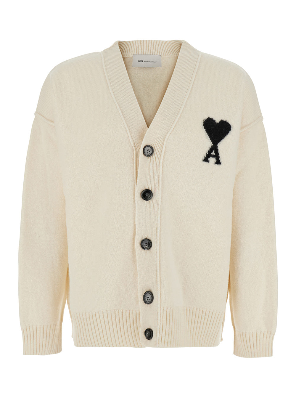 Ami Paris Men V Neck Cardigan With Ami De Coeur In Knit Off-White Unisex AMI PARIS