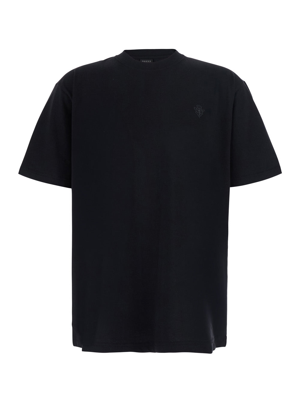Gucci Men Black Crew Neck T-Shirt With Crest Embroidery On The Front In Blend Cotton For Men GUCCI