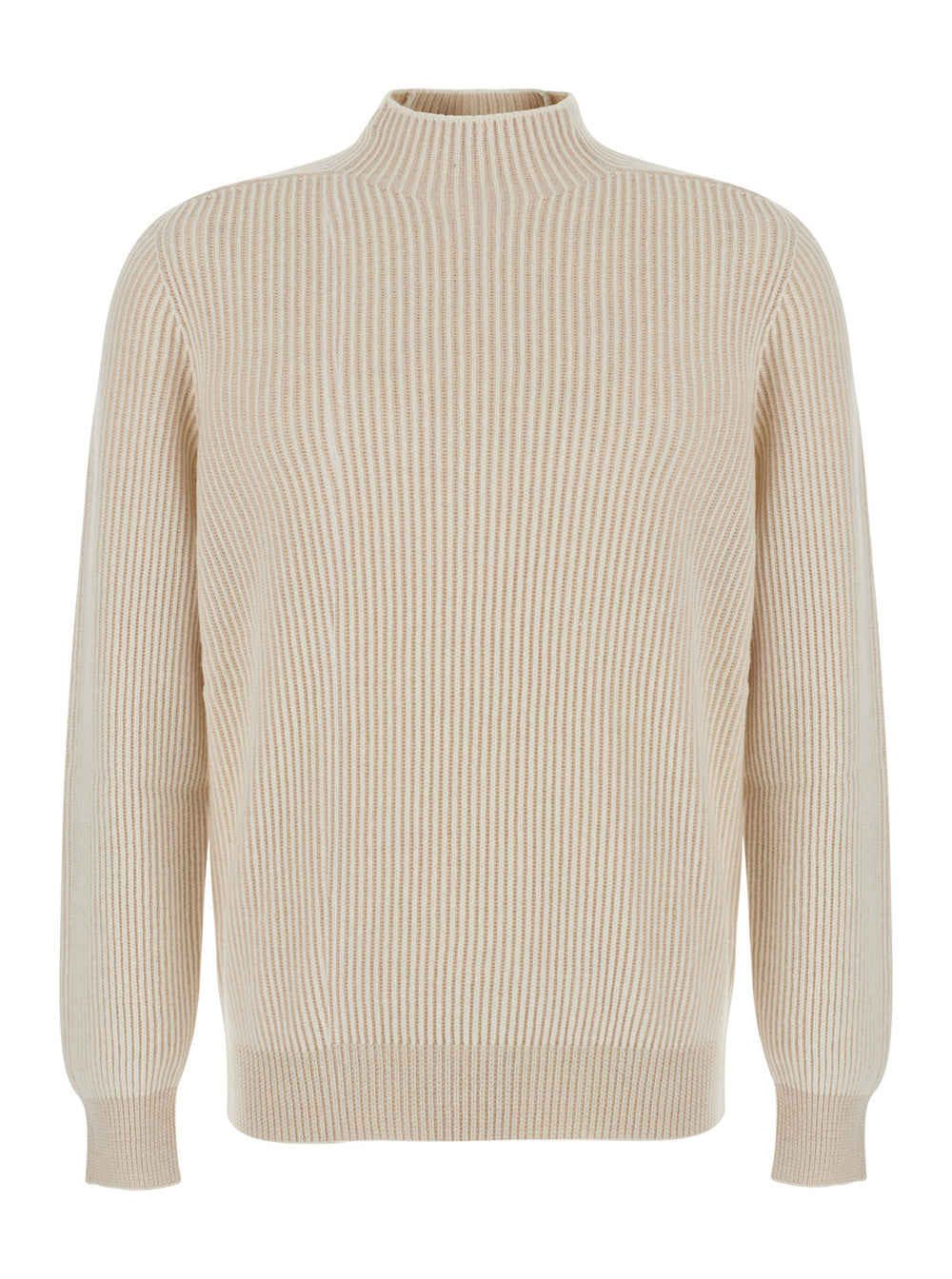 Brunello Cucinelli Men Beige Sweater With Ribbed Design And High Collar In Cashmere For Men BRUNELLO CUCINELLI