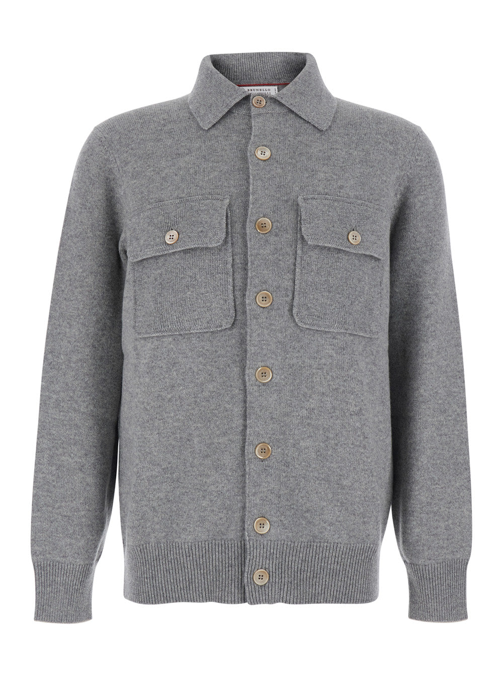Brunello Cucinelli Men Grey Cardigan With Classic Collar And Patch Pockets On The Front In Cashmere For Men BRUNELLO CUCINELLI