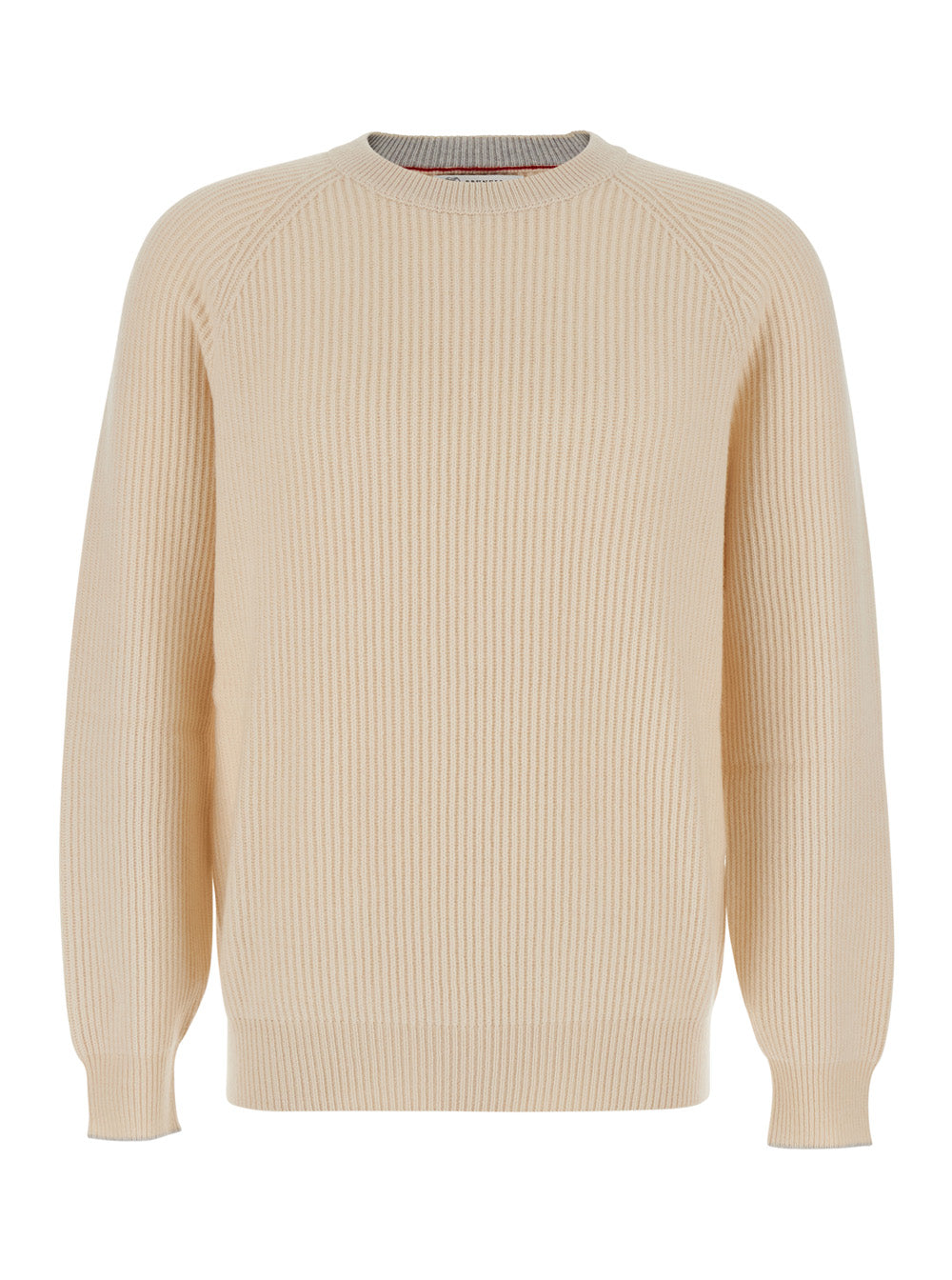 Brunello Cucinelli Men White Crew Neck Sweater With Ribbed Design In Cashmere For Men BRUNELLO CUCINELLI