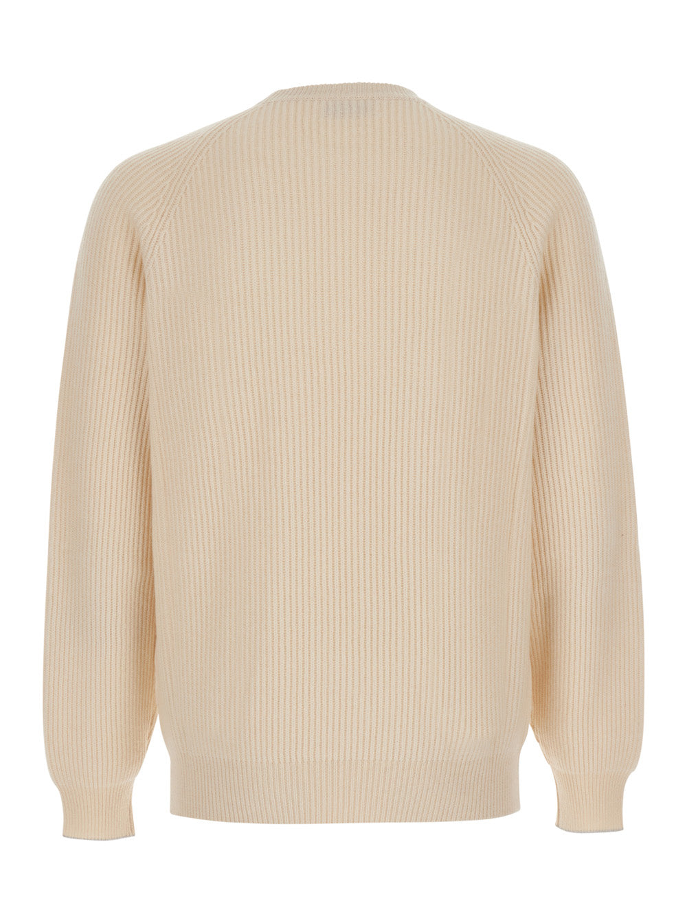 Brunello Cucinelli Men White Crew Neck Sweater With Ribbed Design In Cashmere For Men BRUNELLO CUCINELLI