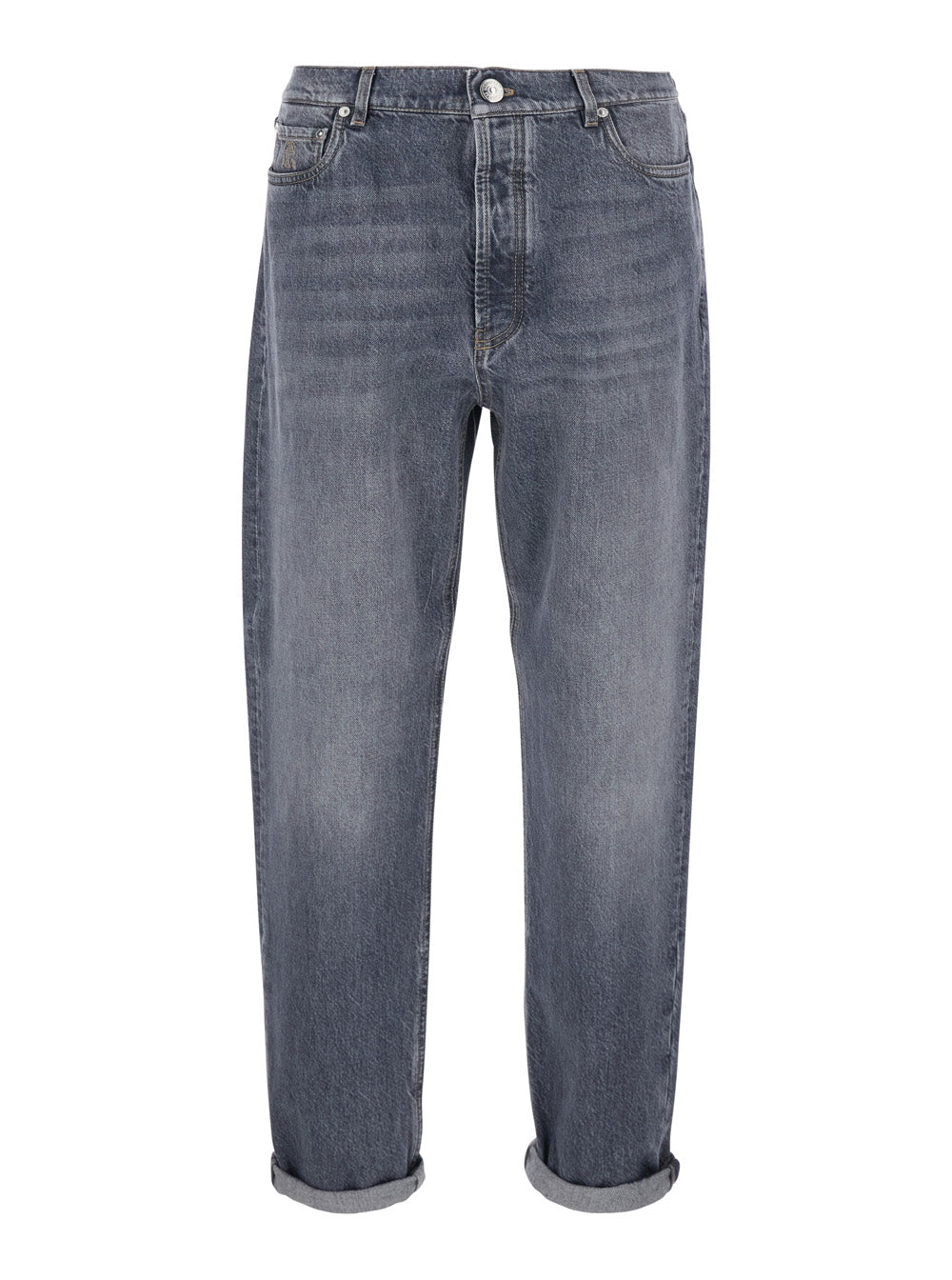 Brunello Cucinelli Men Grey Jeans With Cuffs And Logo Patch On The Back In Denim For Men BRUNELLO CUCINELLI