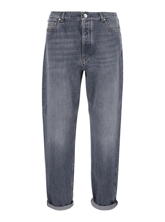 Brunello Cucinelli Men Grey Jeans With Cuffs And Logo Patch On The Back In Denim For Men BRUNELLO CUCINELLI