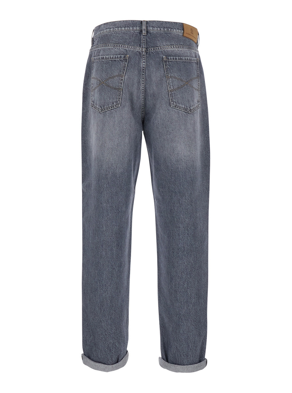 Brunello Cucinelli Men Grey Jeans With Cuffs And Logo Patch On The Back In Denim For Men BRUNELLO CUCINELLI