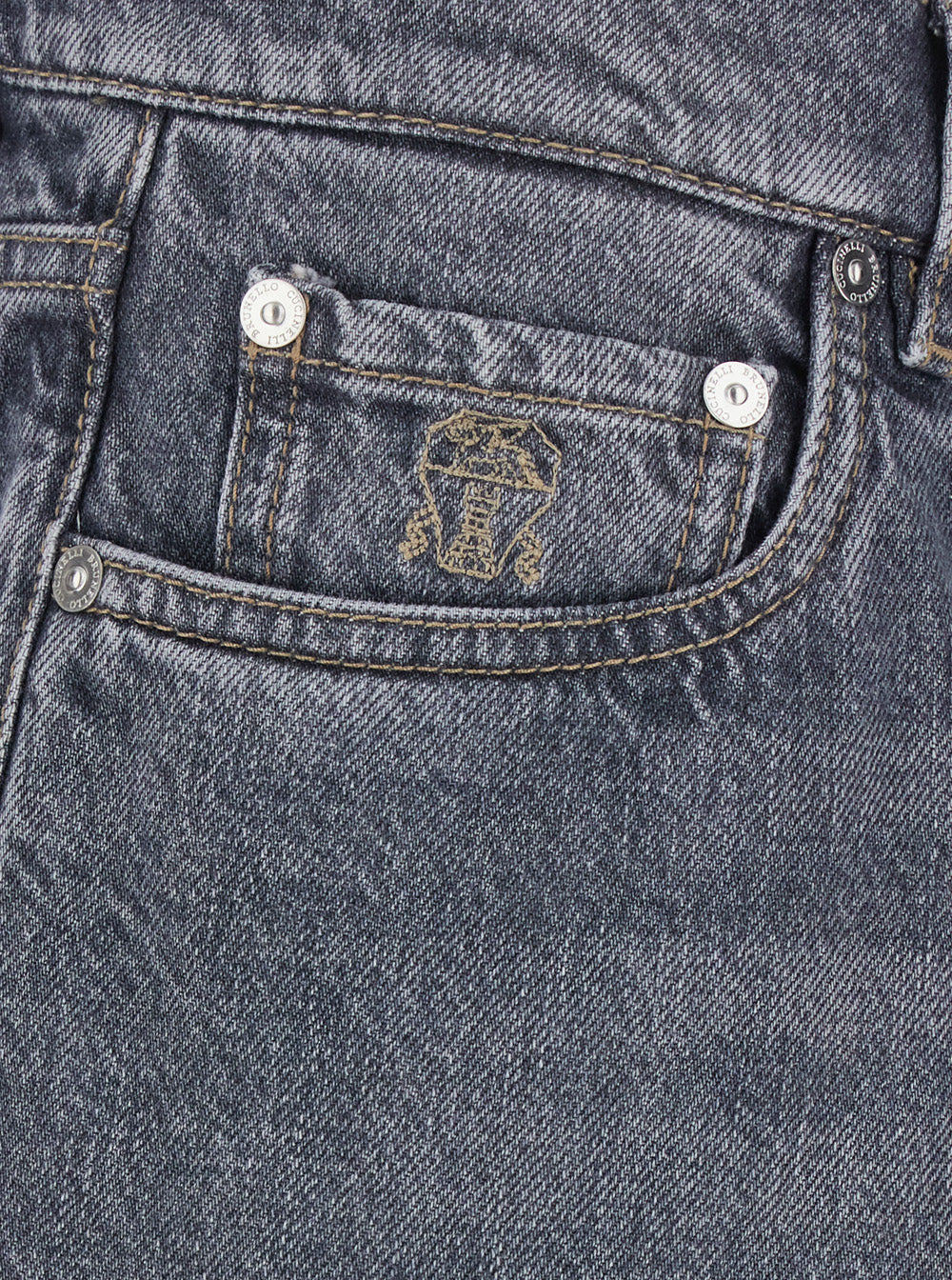 Brunello Cucinelli Men Grey Jeans With Cuffs And Logo Patch On The Back In Denim For Men BRUNELLO CUCINELLI