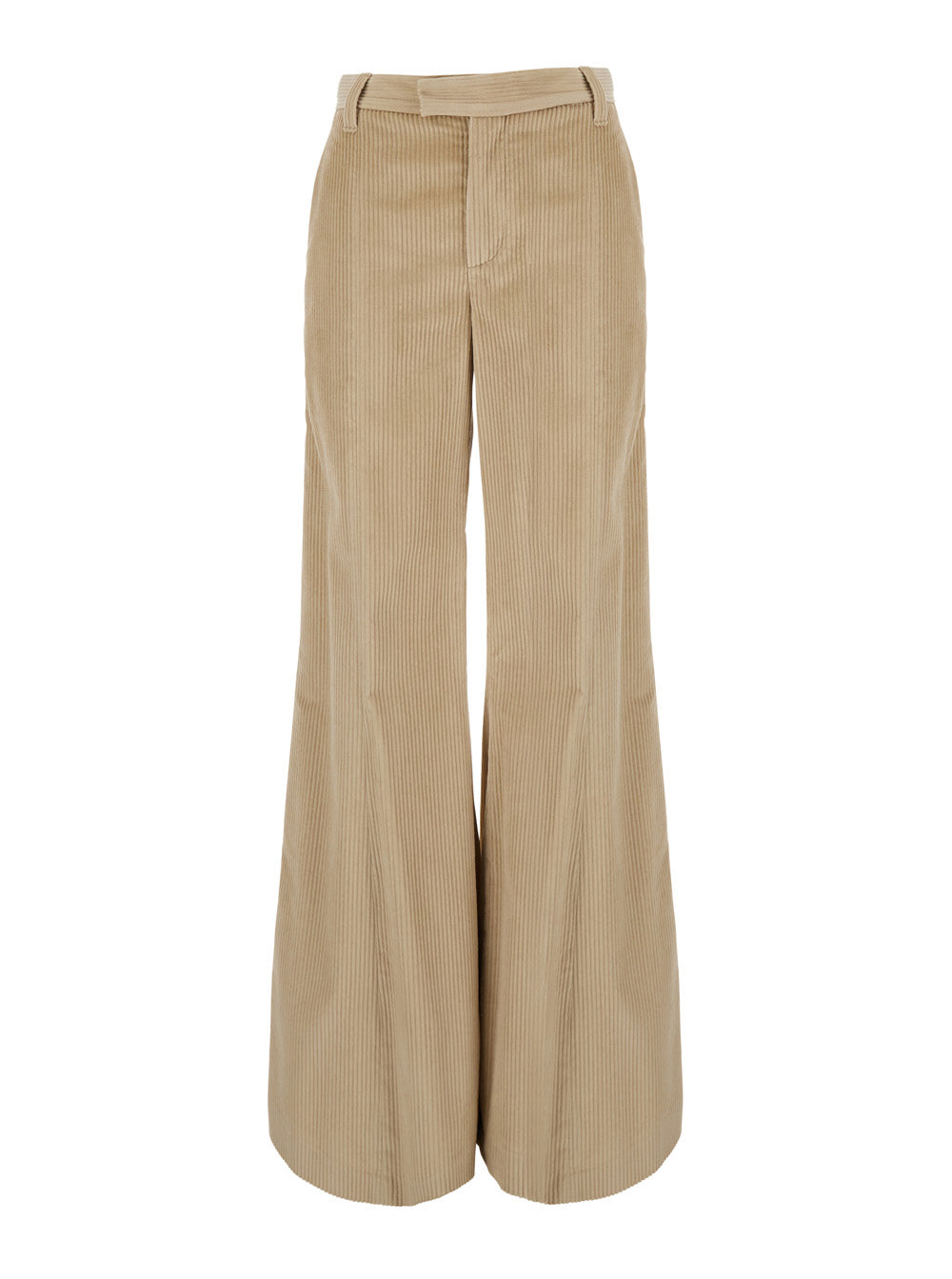 Brunello Cucinelli Women Beige High-Waisted Pants With Monile On The Belt Loop And Wide Leg In Corduroy For Women BRUNELLO CUCINELLI