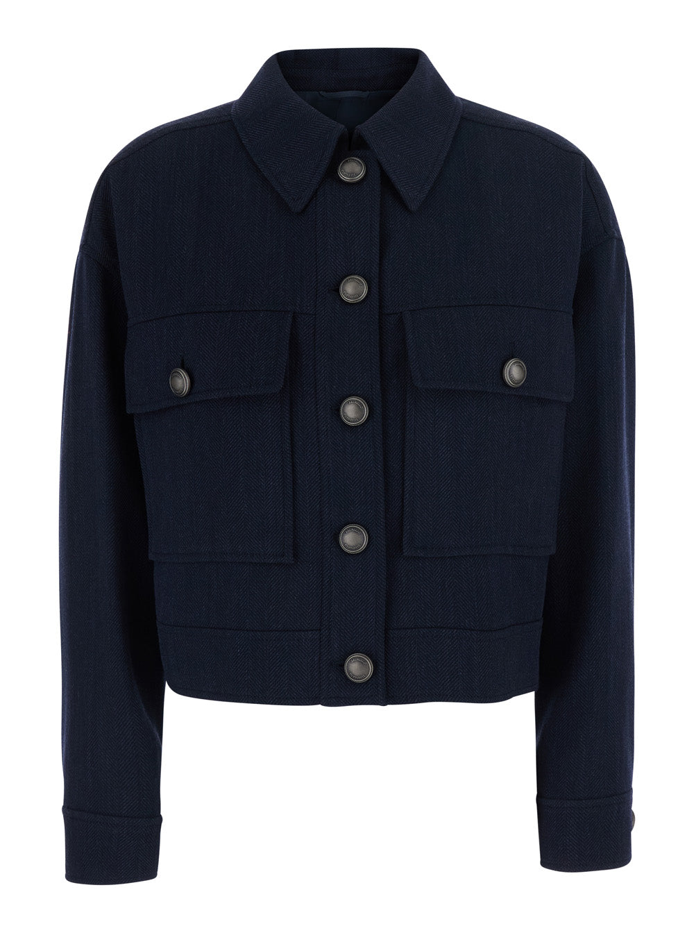 Brunello Cucinelli Women Blue Crop Jacket With Classic Collar And Monile Decoration In Wool For Women BRUNELLO CUCINELLI