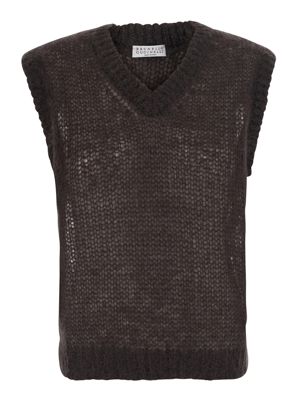 Brunello Cucinelli Women Brown Sleeveless Top With V-Neck And Monile Detail In Blend Wool For Women BRUNELLO CUCINELLI
