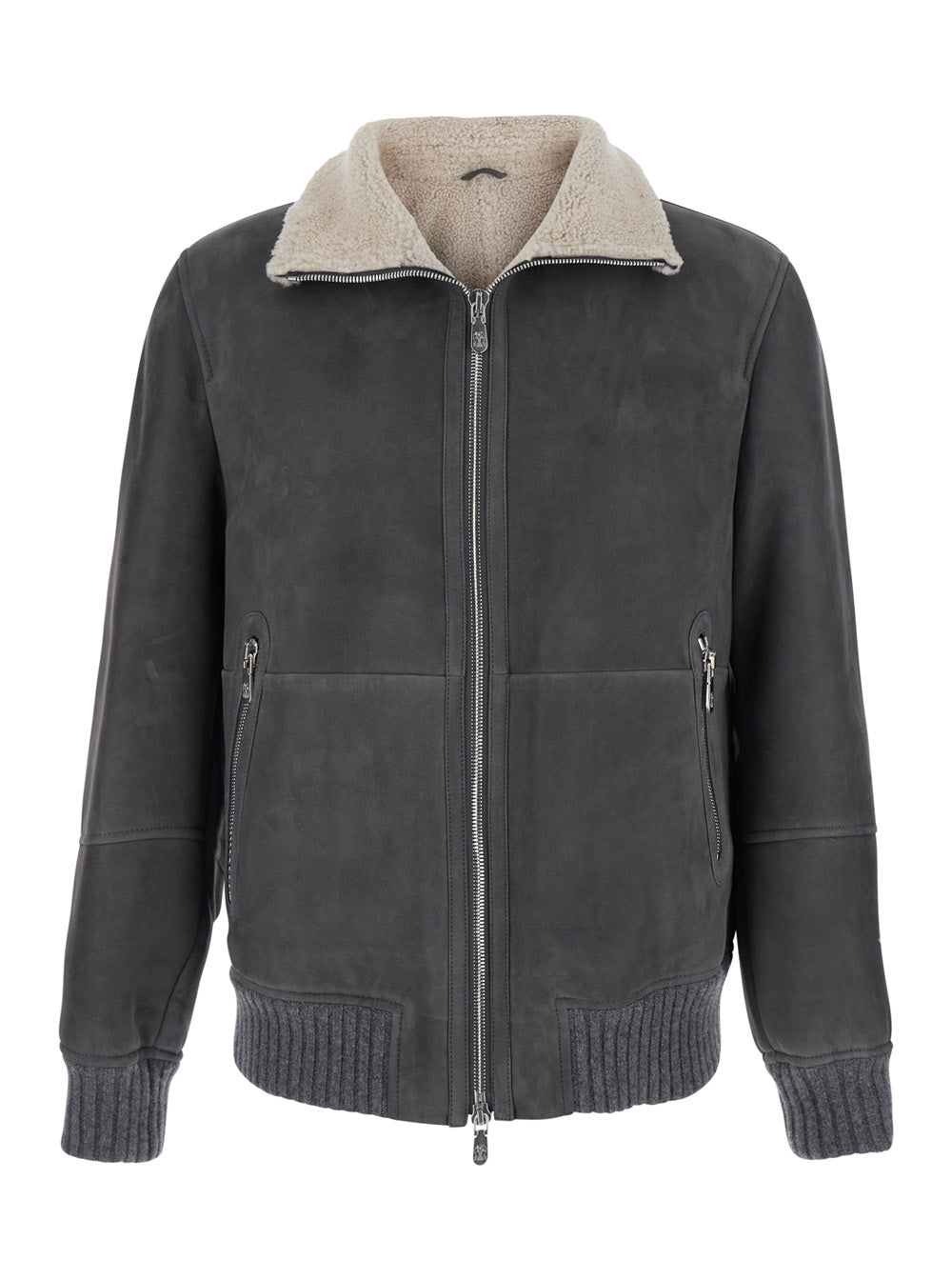 Brunello Cucinelli Men Gray Jacket With High Collar And Fur Lining In Leather For Men BRUNELLO CUCINELLI