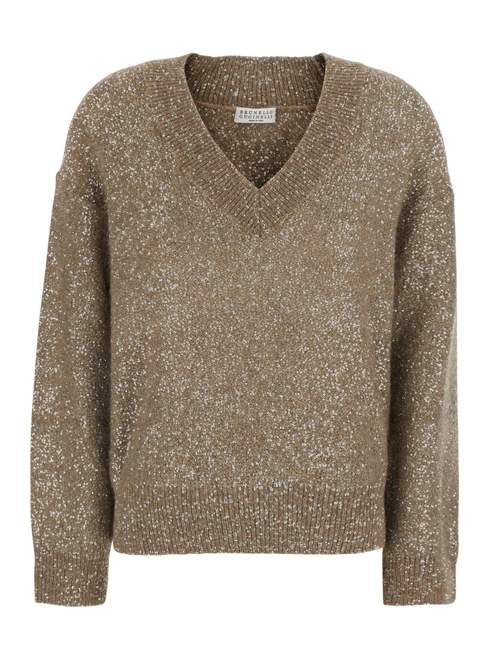Brunello Cucinelli Women Beige V-Neck Sweater With Knit Design In Blend Wool For Women BRUNELLO CUCINELLI