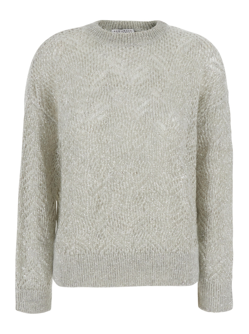 Brunello Cucinelli Women Gray Crewneck Sweater With Sequin Decoration And Ribbed Finishes In Blend Wool For Women BRUNELLO CUCINELLI