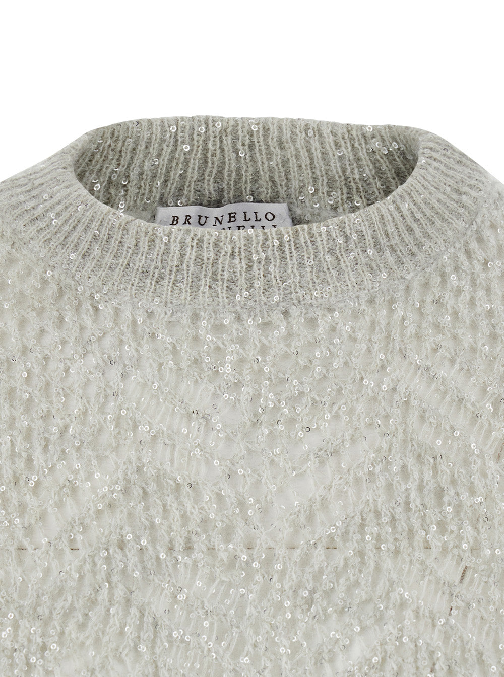 Brunello Cucinelli Women Gray Crewneck Sweater With Sequin Decoration And Ribbed Finishes In Blend Wool For Women BRUNELLO CUCINELLI