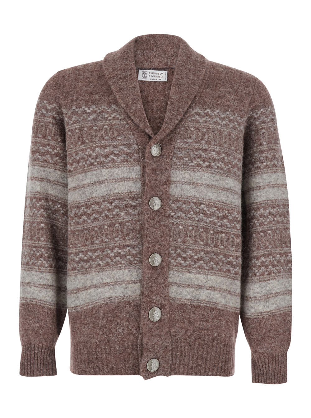 Brunello Cucinelli Men Brown Cardigan With V-Neck And Striped Motif In Wool Blend For Men BRUNELLO CUCINELLI