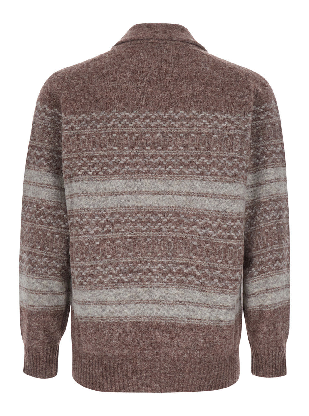 Brunello Cucinelli Men Brown Cardigan With V-Neck And Striped Motif In Wool Blend For Men BRUNELLO CUCINELLI