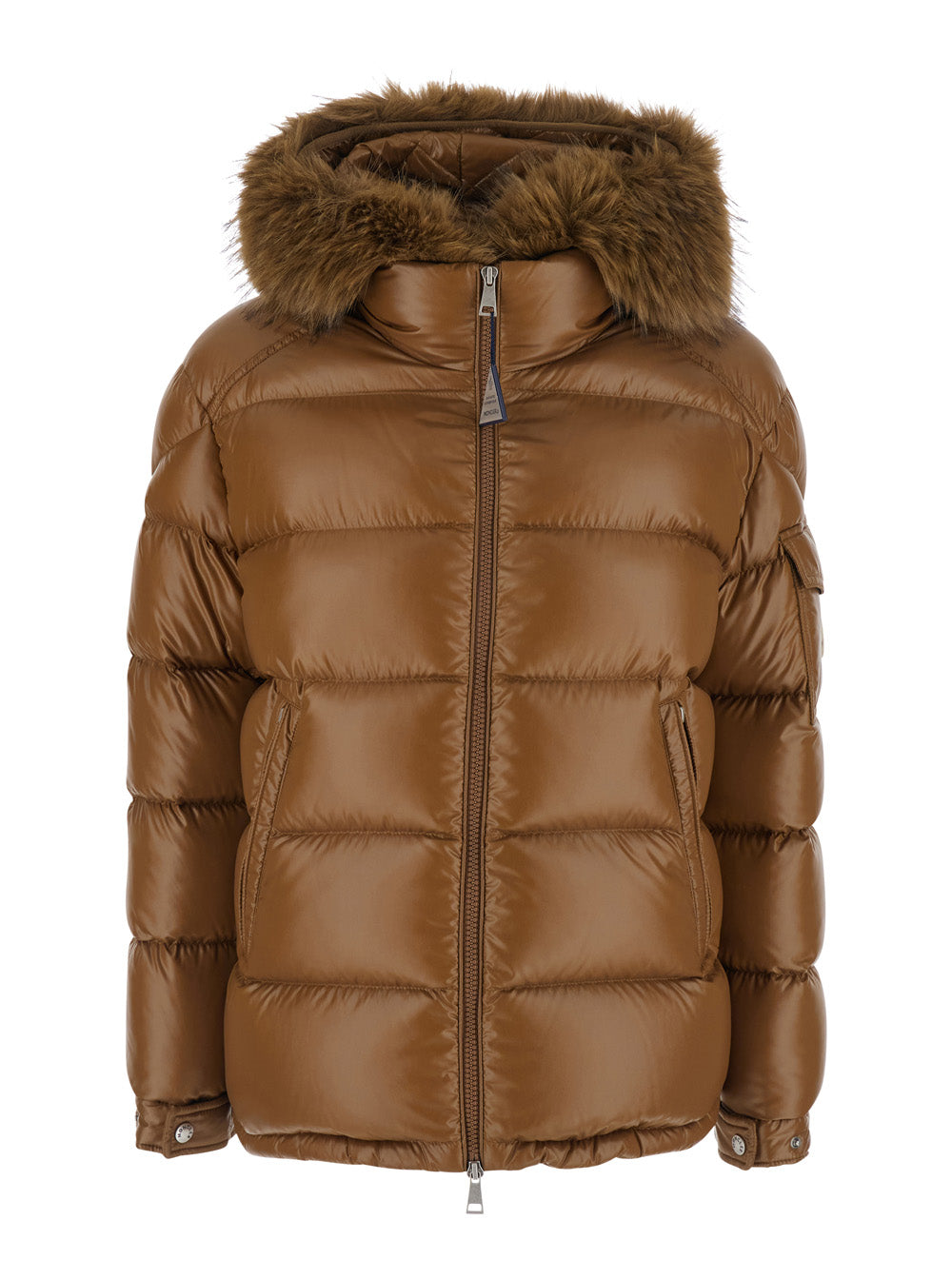 Moncler Women 'Hypolais' Brown Down Jacket With Removable Fur Hood And Logo Patch On The Sleeve In Tech Fabric For Women MONCLER