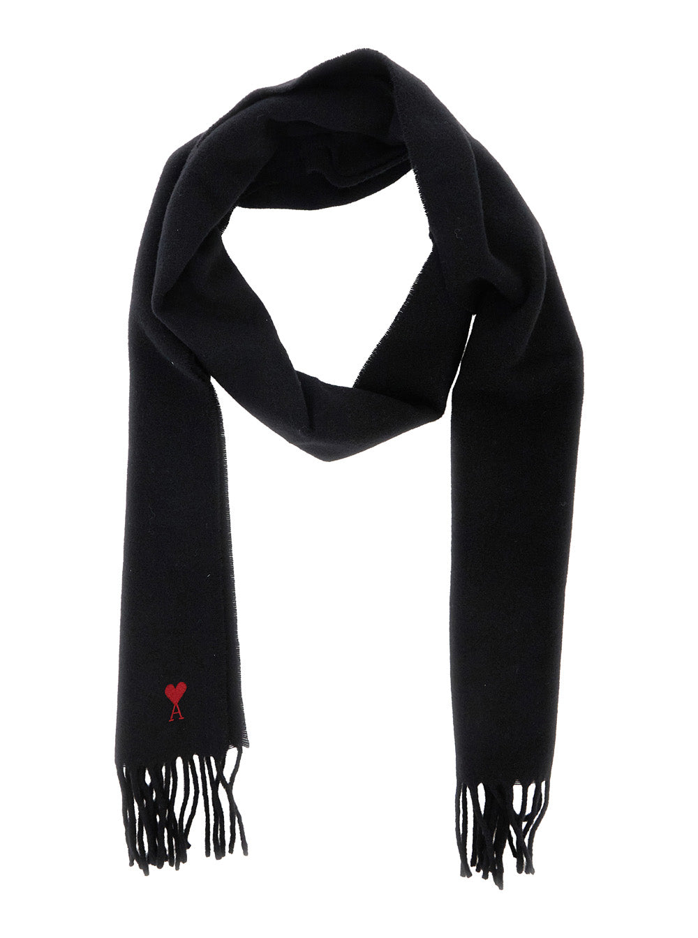 Ami Paris Men Wool Scarf With Red Ami De Coeur Embroidery And Black Unisex Color AMI PARIS