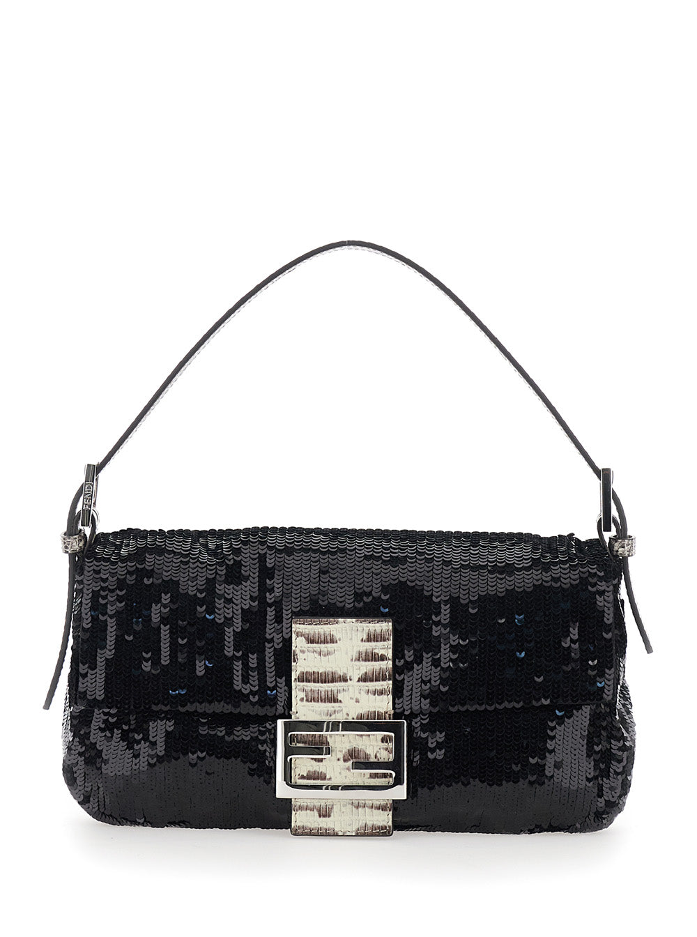 Fendi Women Black Shoulder Bag With All-Over Sequins And Ff Plate On The Front In Tech Fabric For Women FENDI