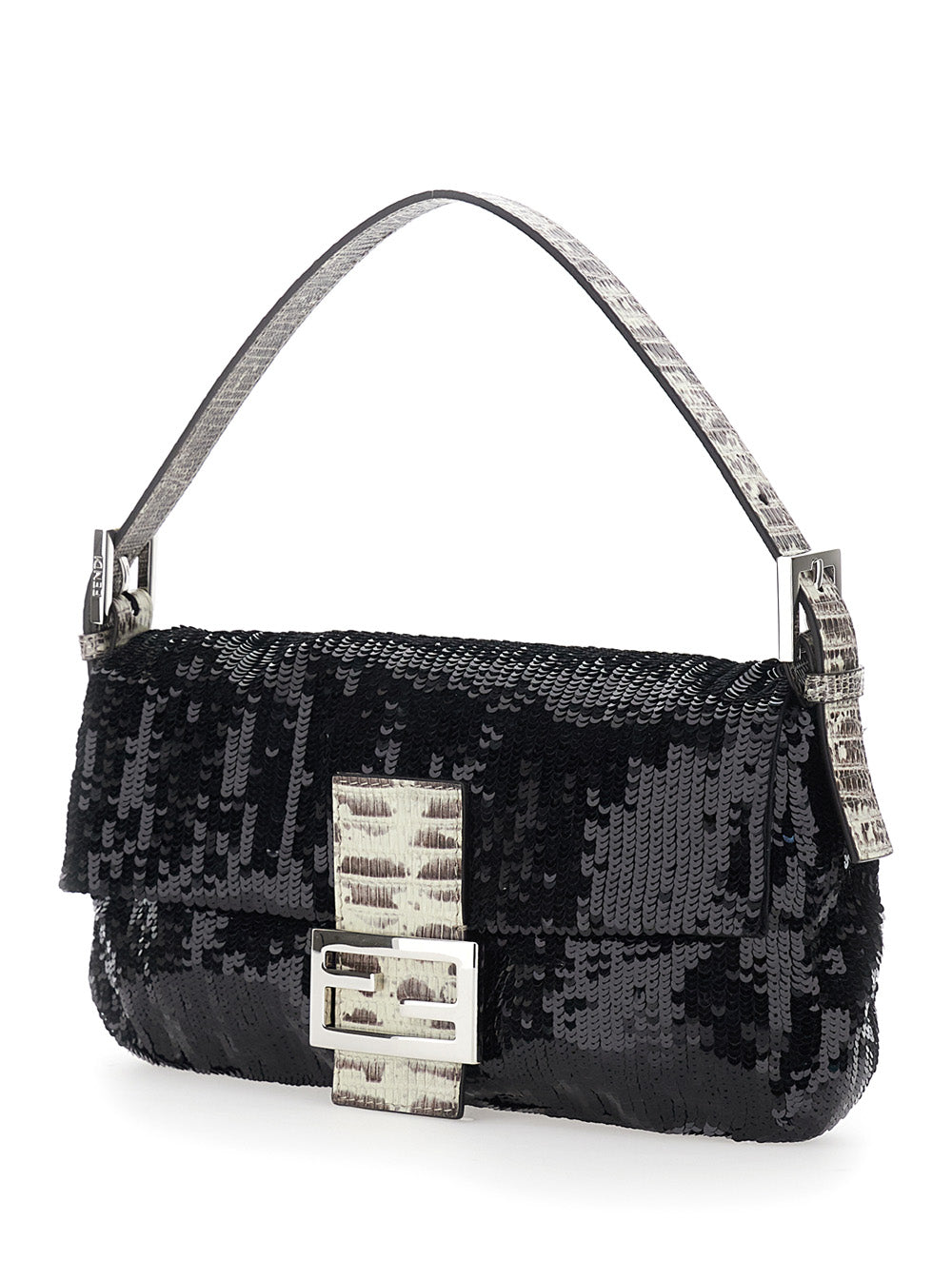 Fendi Women Black Shoulder Bag With All-Over Sequins And Ff Plate On The Front In Tech Fabric For Women FENDI
