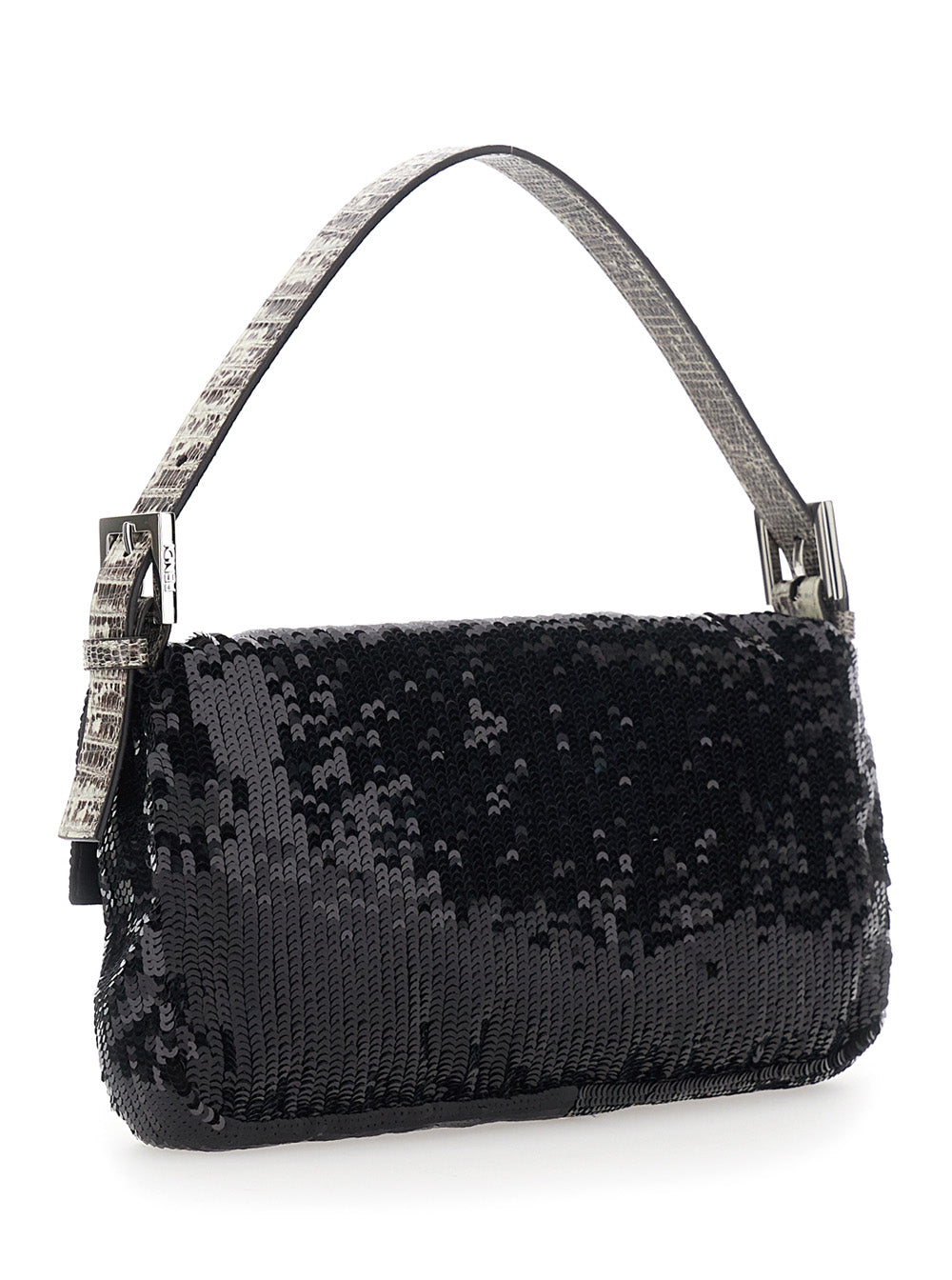 Fendi Women Black Shoulder Bag With All-Over Sequins And Ff Plate On The Front In Tech Fabric For Women FENDI