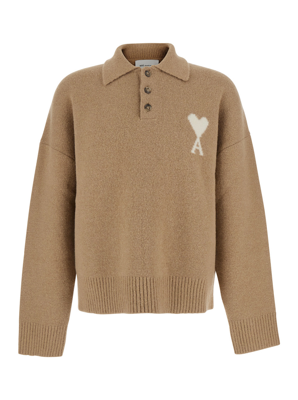 Ami Paris Men Beige Sweater With Polo Collar And Adc Embroidery On The Front In Wool For Men AMI PARIS